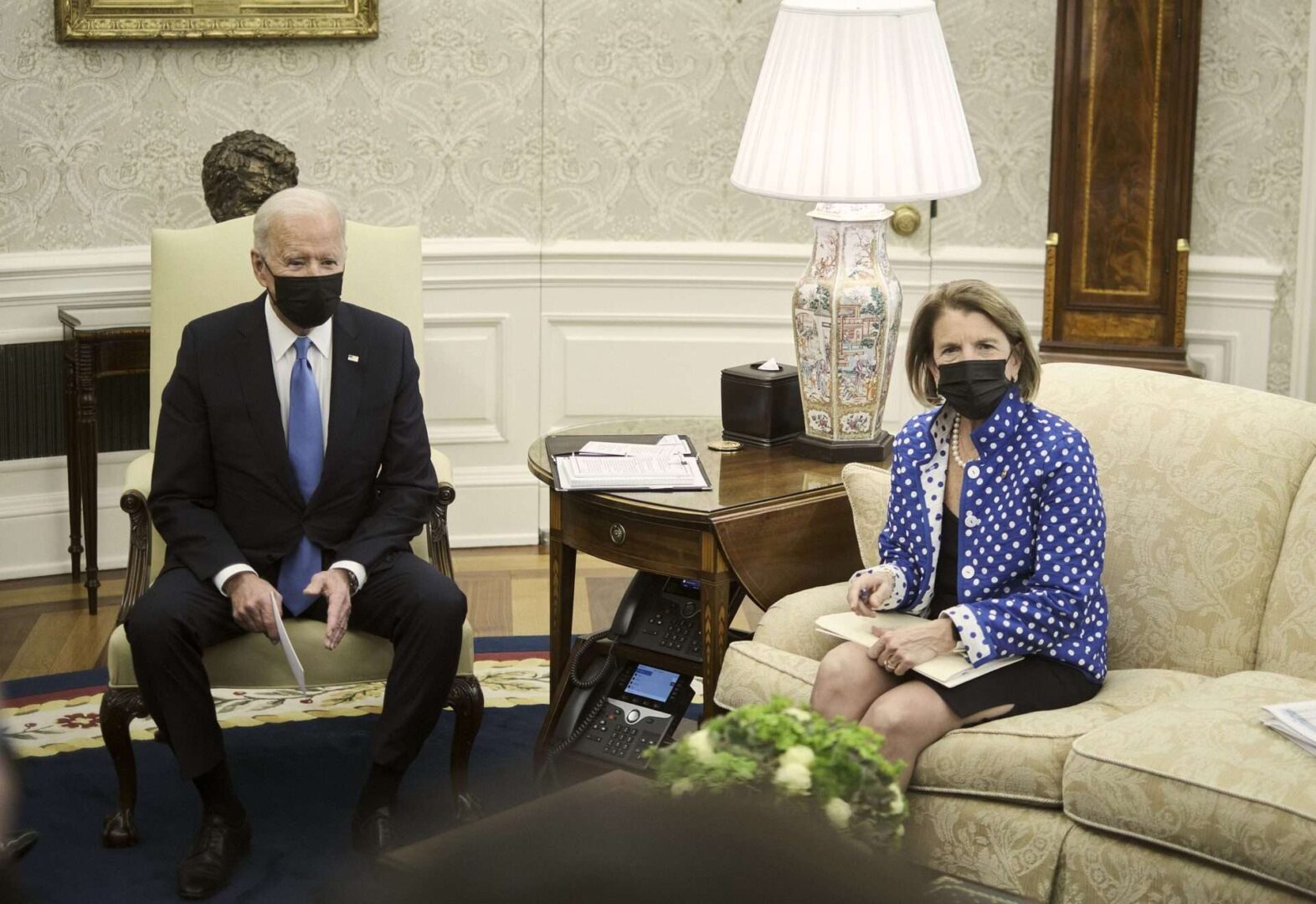 President Joe Biden meets in the Oval Office Thursday with a group of Republican senators including Sen. Shelley Moore Capito of West Virginia, right. 