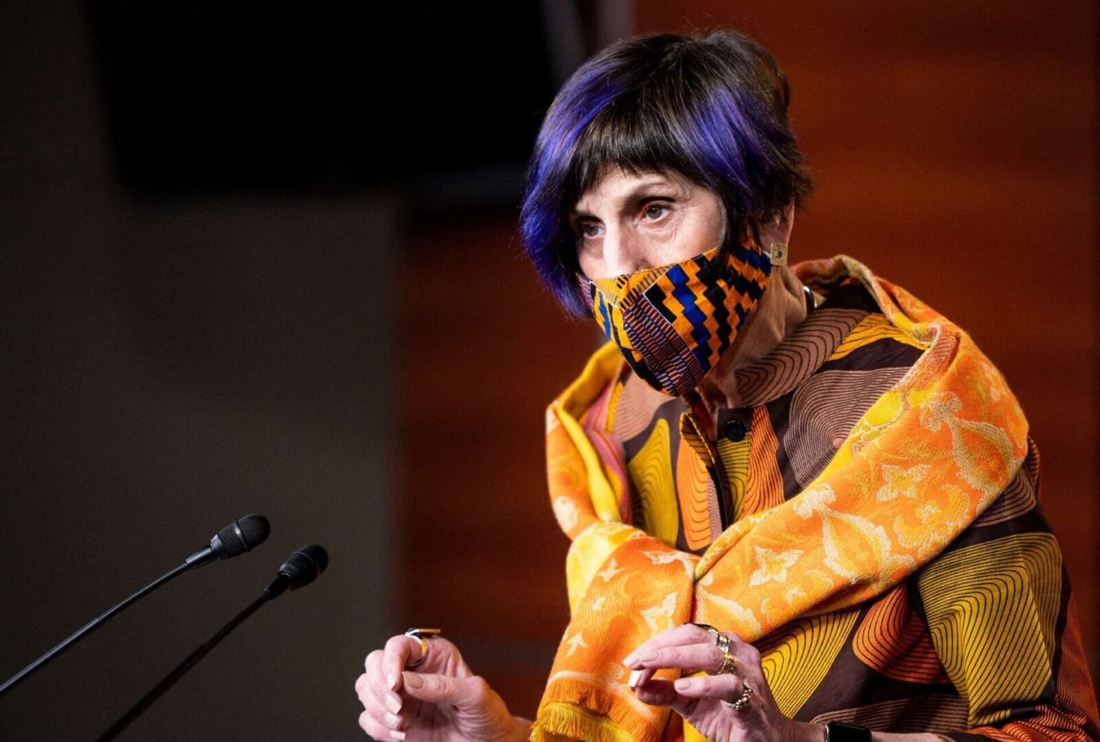 Rep. Rosa DeLauro, D-Conn., speaks during a news conference in the Capitol on April 15, 2021. 