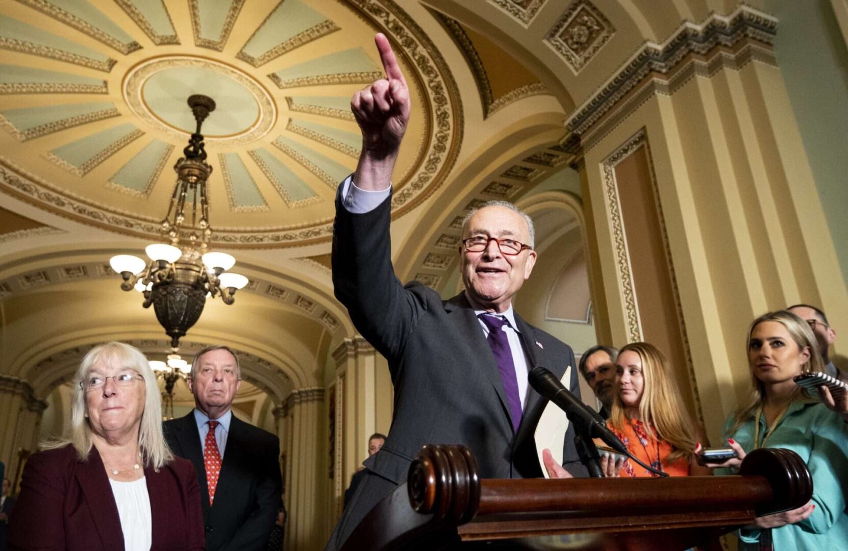 Senate Majority Leader Chuck Schumer, D-N.Y., flanked by Sen. Patty Murray, D-Wash., and Sen. Richard Durbin, D-Ill., calls on a reporter for a question during the first post-pandemic press conference in the Ohio Clock Corridor on Tuesday, June 15, 2021. For the first time since the pandemic the Democrats weekly policy lunch was held in the Mansfield Room while the Republicans met in the LBJ Room.