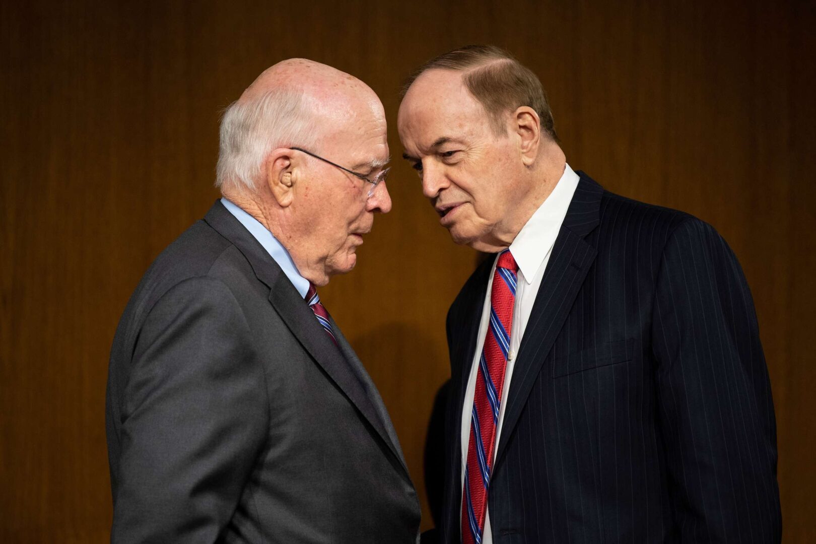 Senate Appropriations Chairman Patrick J. Leahy, D-Vt., left, and ranking member Richard C. Shelby, R-Ala., speak before a hearing on the White House's fiscal 2022 defense budget request in Washington on Thursday, June 17, 2021. 