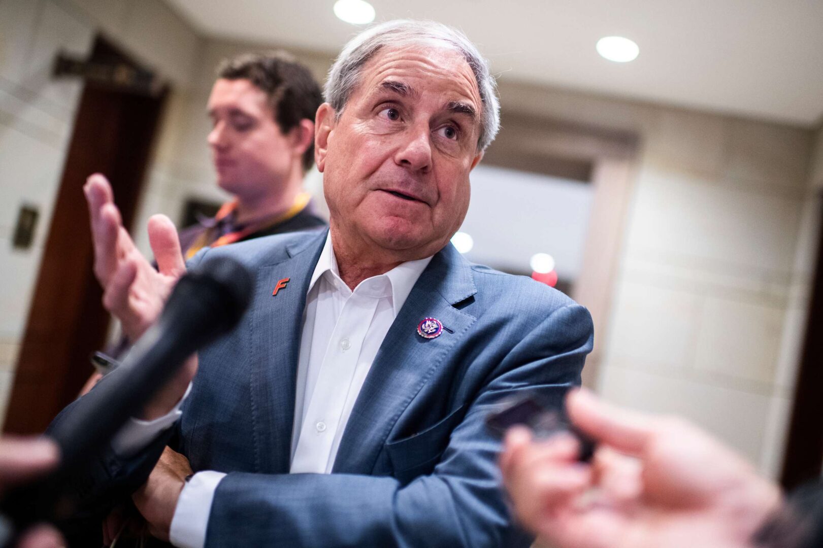 Rep. John Yarmuth, D-Ky., talks with reporters in the Capitol Visitor Center after a meeting of the House Democratic Caucus on June 29, 2021.