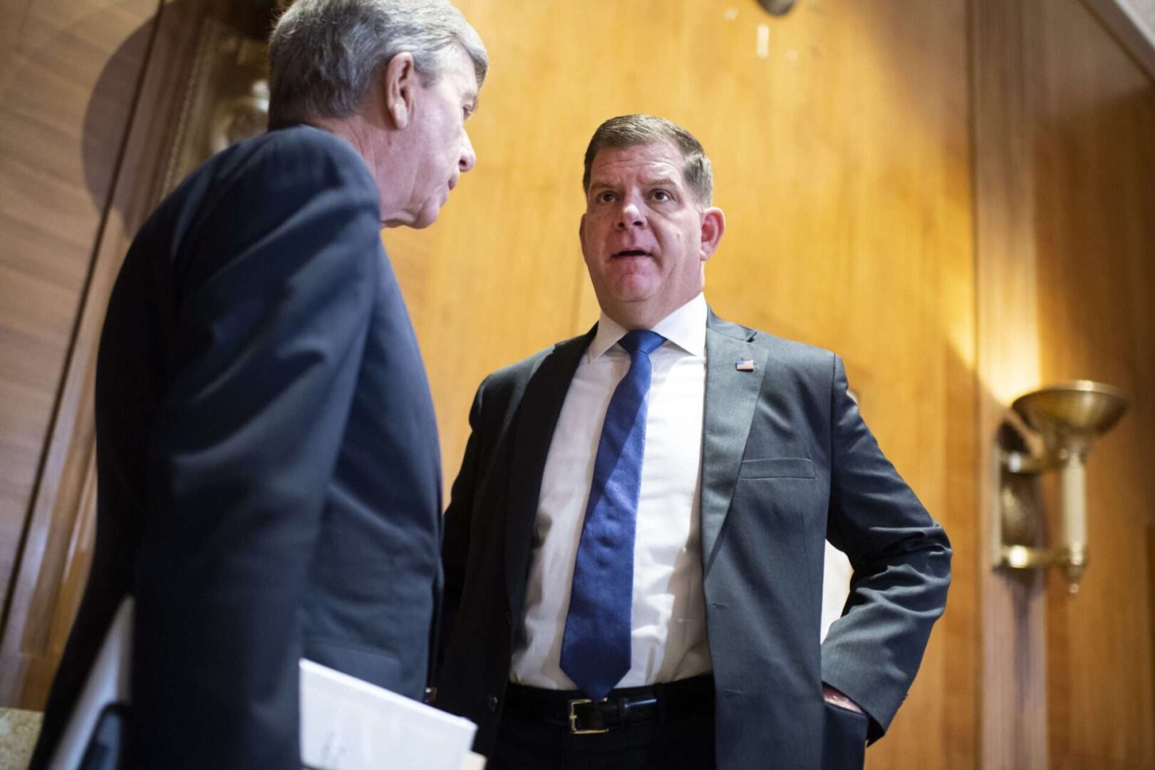 Secretary of Labor Marty Walsh, right, talks with ranking member Roy Blunt before a Senate Labor, Health and Human Services, Education and Related Agencies Appropriations Subcommittee on hearing on the fiscal 2022 budget for the Department of Labor.