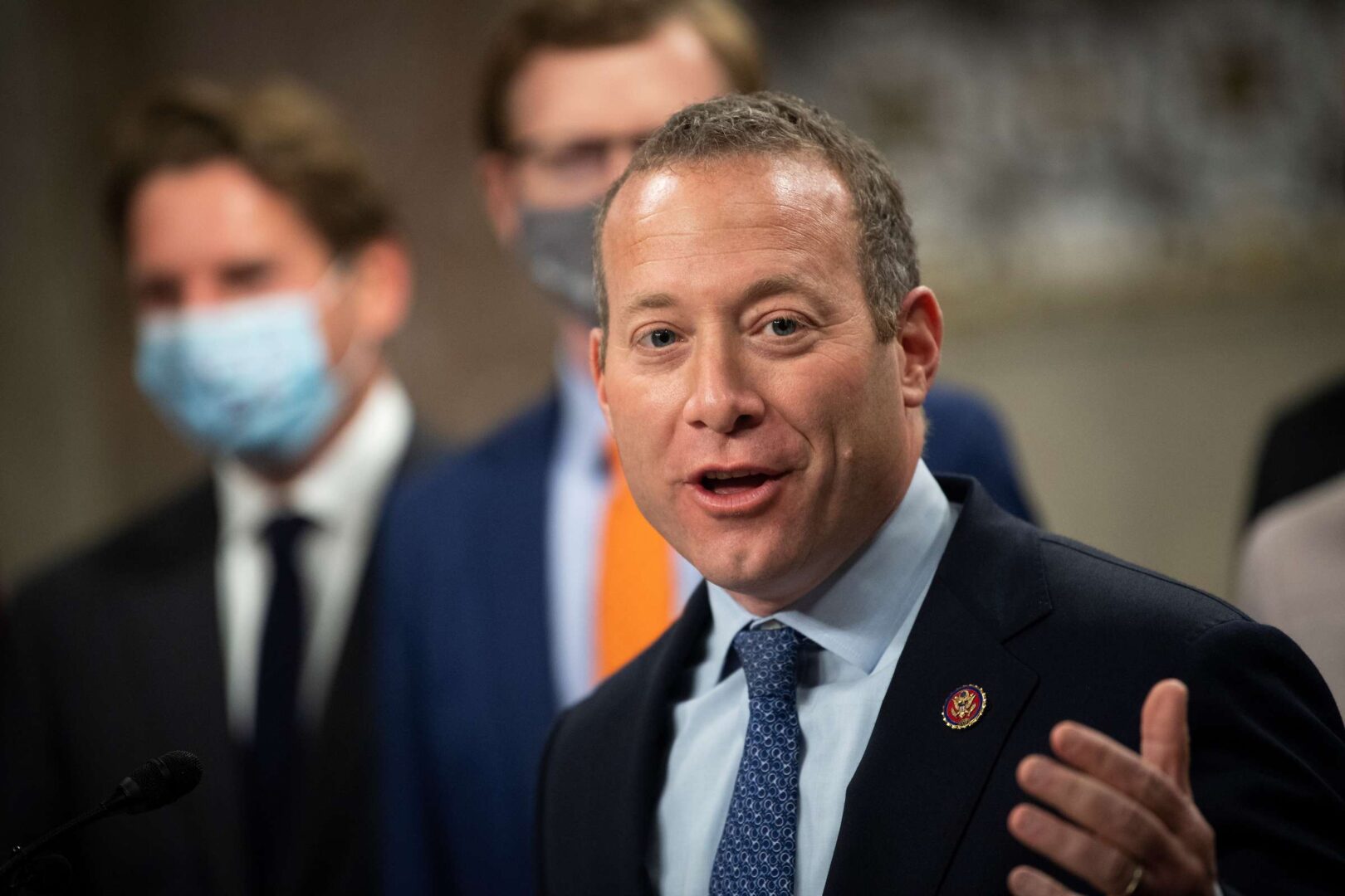 Rep. Josh Gottheimer, D-N.J., speaks during a news conference on Dec. 1, 2020. Gottheimer is one of nine moderate House Democrats in a standoff with Speaker Nancy Pelosi over voting on a budget resolution before the chamber first passes a bipartisan infrastructure bill.