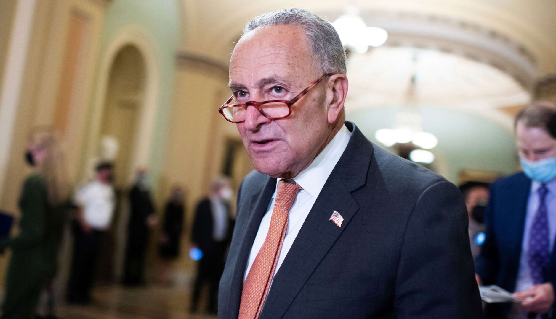 Senate Majority Leader Charles Schumer arrives for a news conference after the Senate Democratic Policy luncheon in the Capitol on Tuesday, September 21, 2021. 
