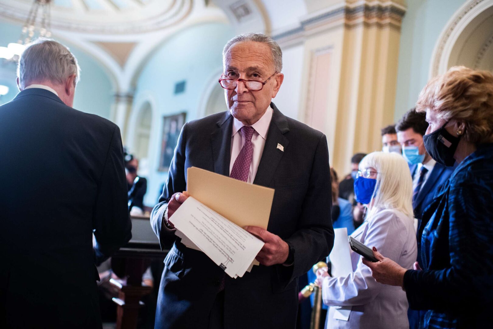 Senate Majority Leader Charles E. Schumer conducts a news conference in the Capitol on Sept. 28.