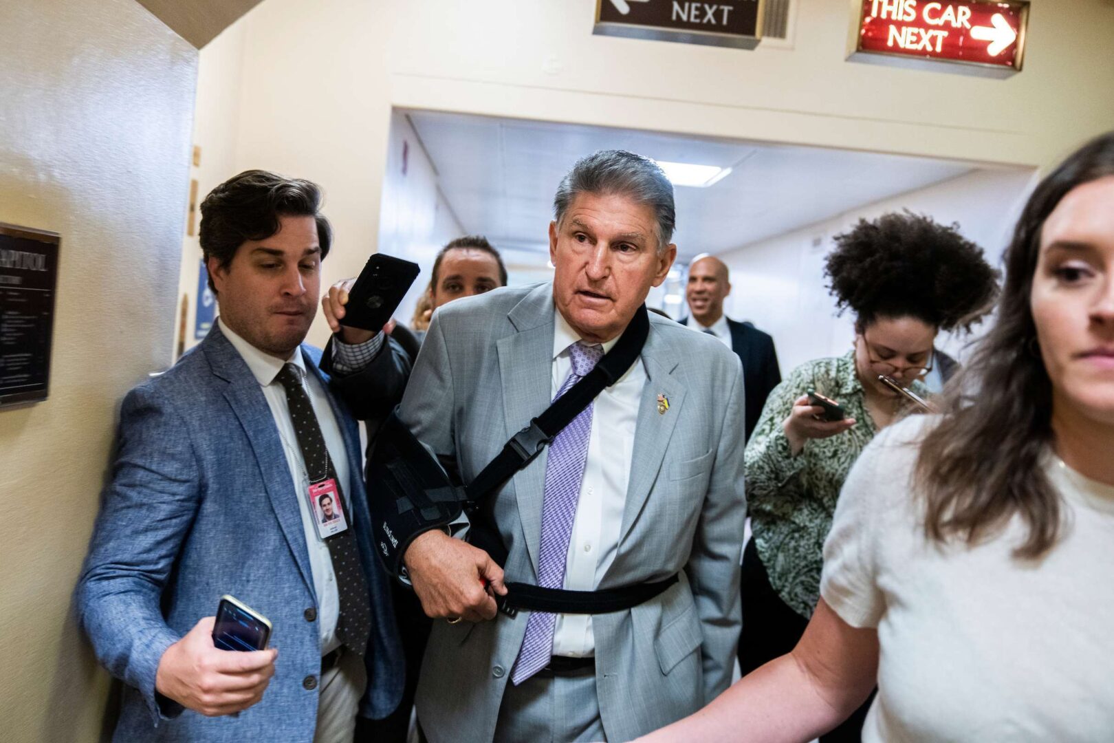 Sen. Joe Manchin III, D-W.Va., talks with reporters in the Capitol on Sept. 14. 