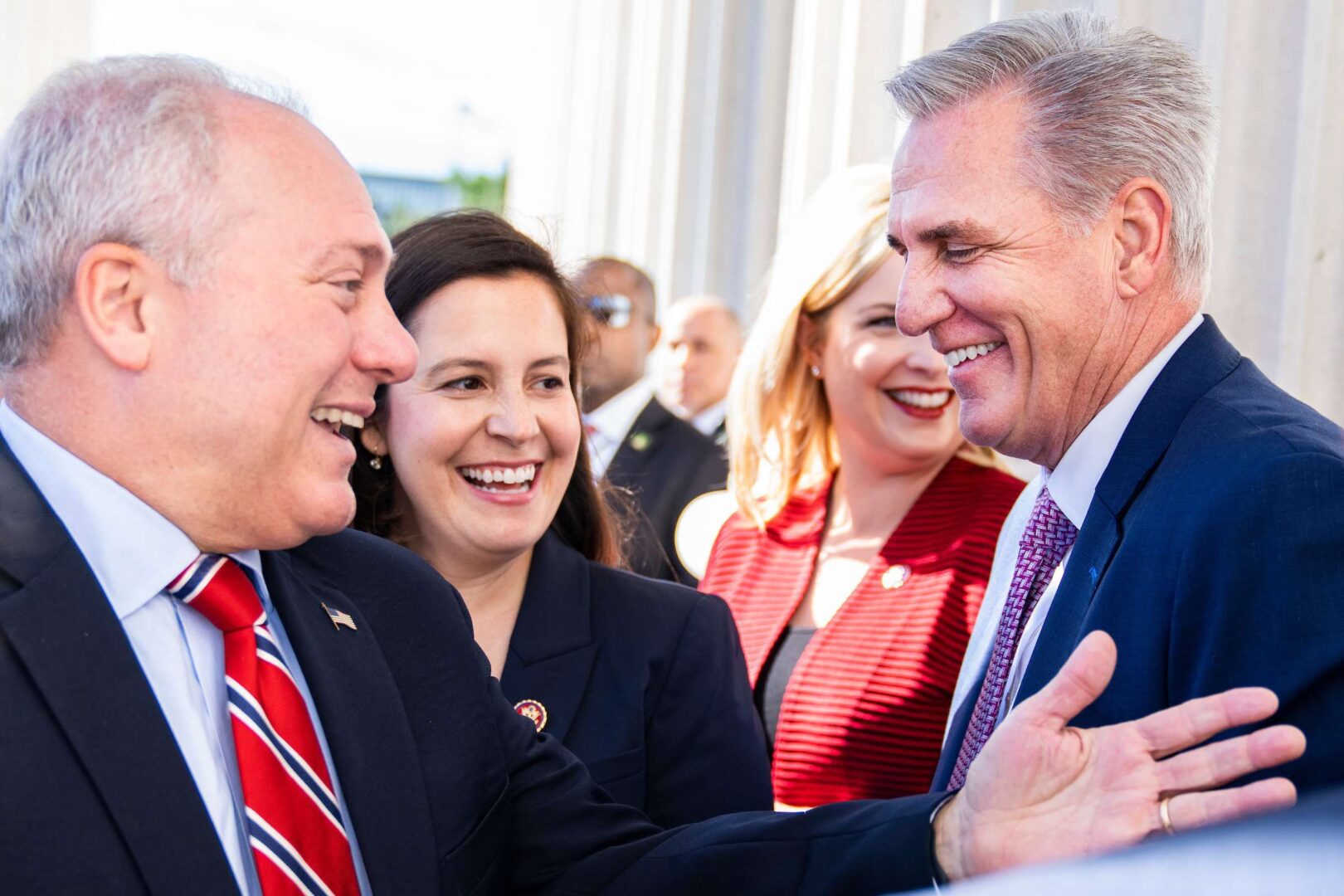 House Minority Leader Kevin McCarthy, right, House Minority Whip Steve Scalise and House Republican Conference Chair Elise Stefanik arrive for a news conference on the House Republicans’ “Commitment to America,” on Sept. 29.