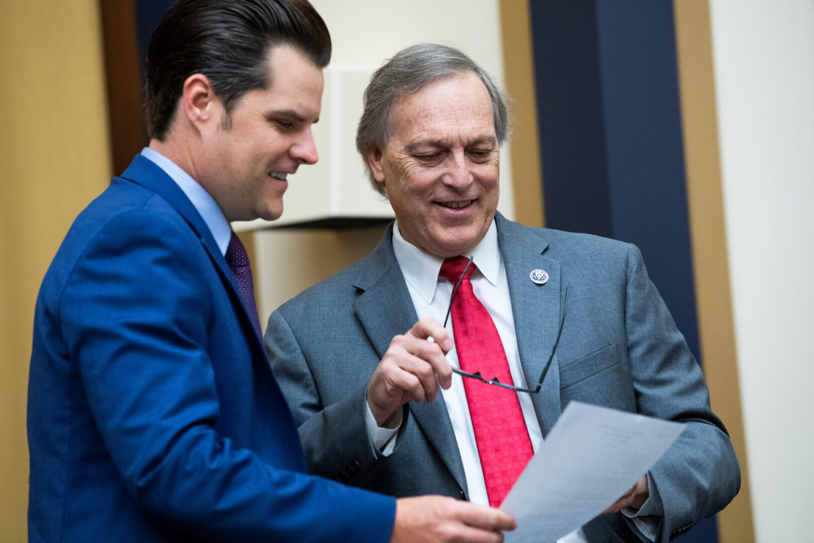 Reps. Andy Biggs, R-Ariz., right, and Matt Gaetz, R-Fla., talk before the House Judiciary Committee hearing on legislative responses to deter prosecutorial abuse of power on June 30, 2021. 
