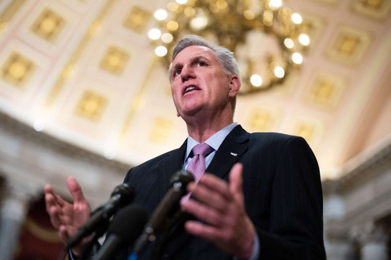 Speaker Kevin McCarthy conducts a news conference in the Capitol’s Statuary Hall on Thursday.