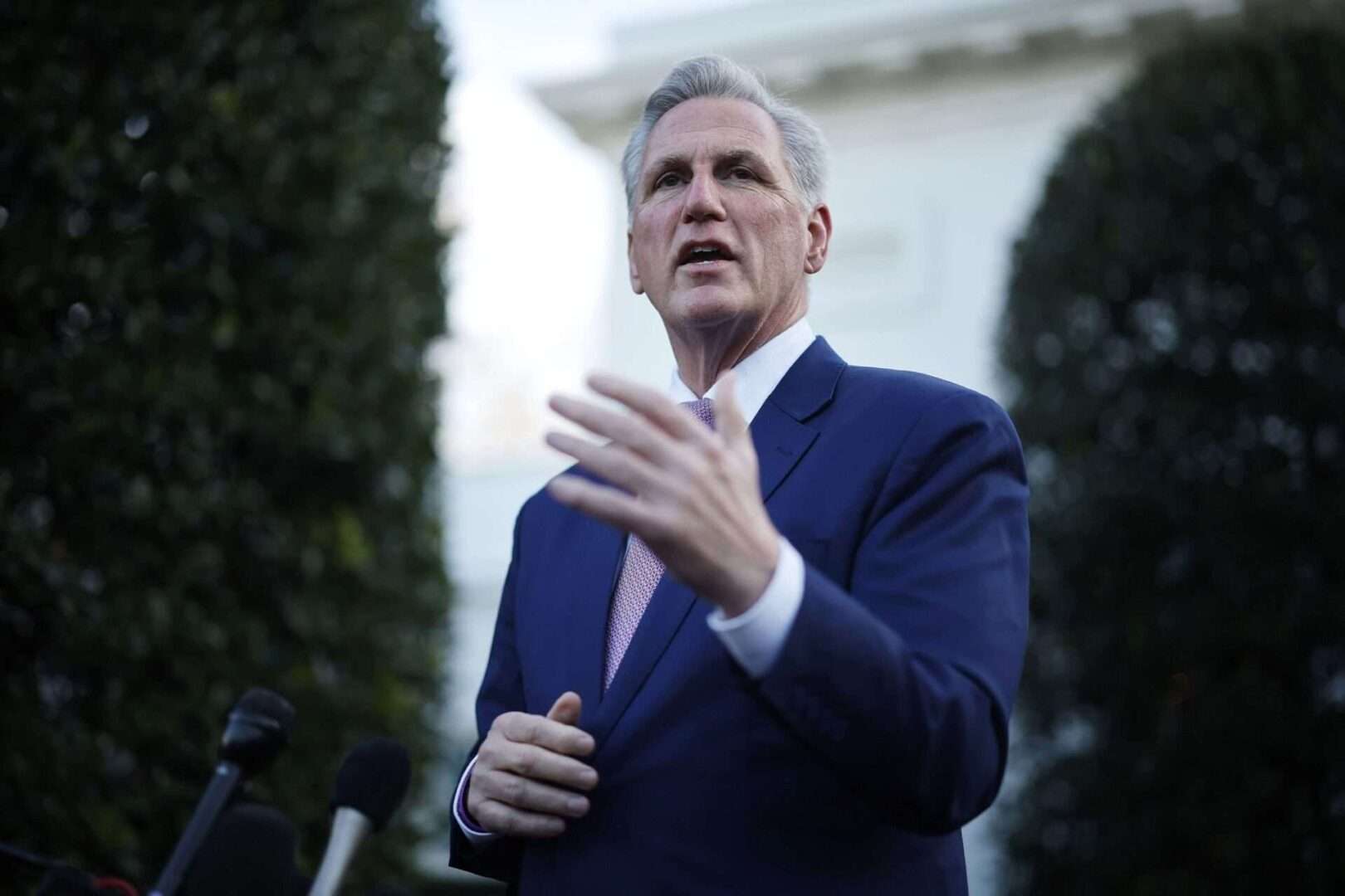 Speaker Kevin McCarthy, R-Calif., talks to reporters after meeting with President Joe Biden at the White House on Wednesday.