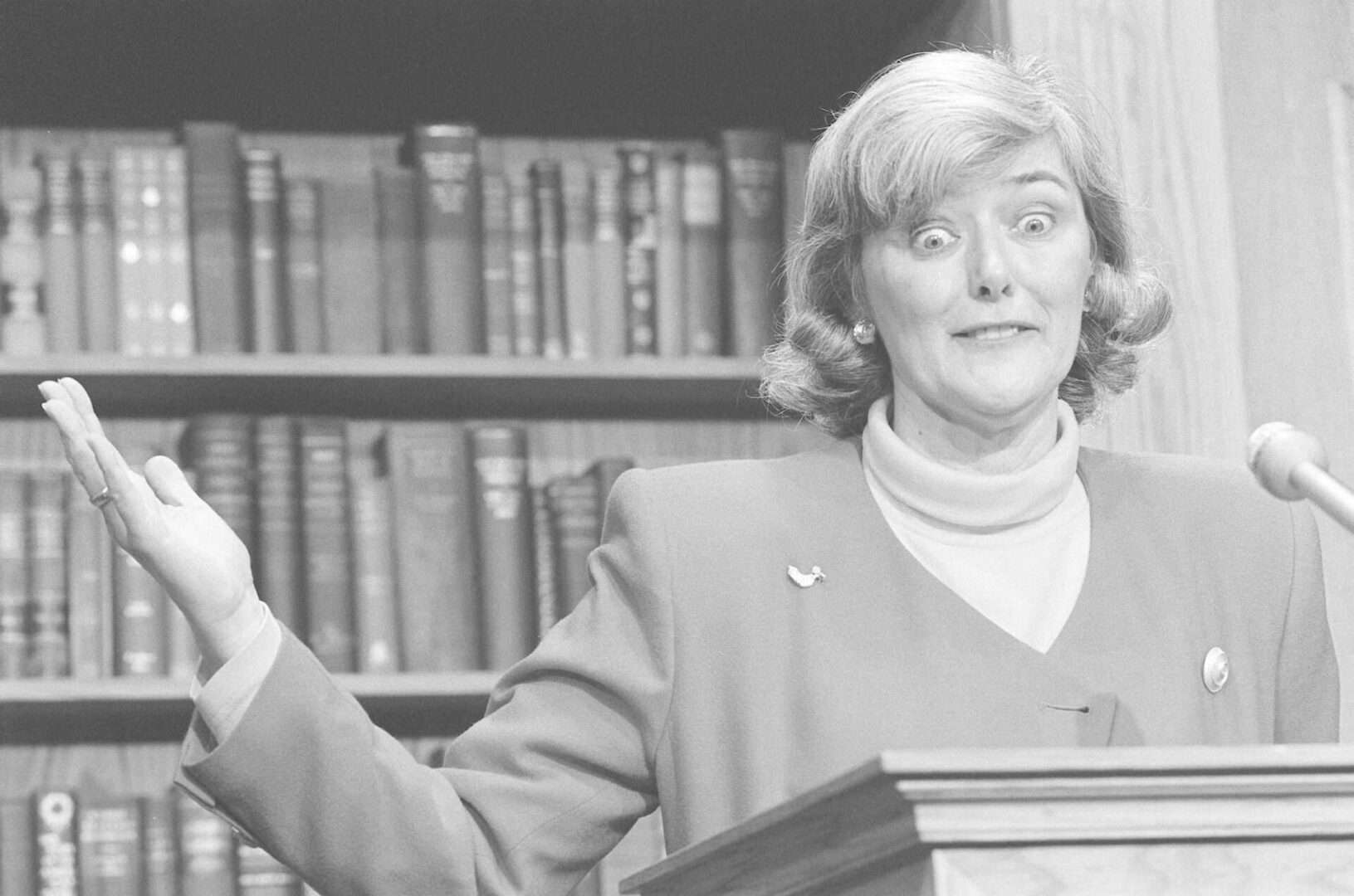Pat Schroeder, D-Colo., discusses her retirement at a news conference in the House studio in 1995.