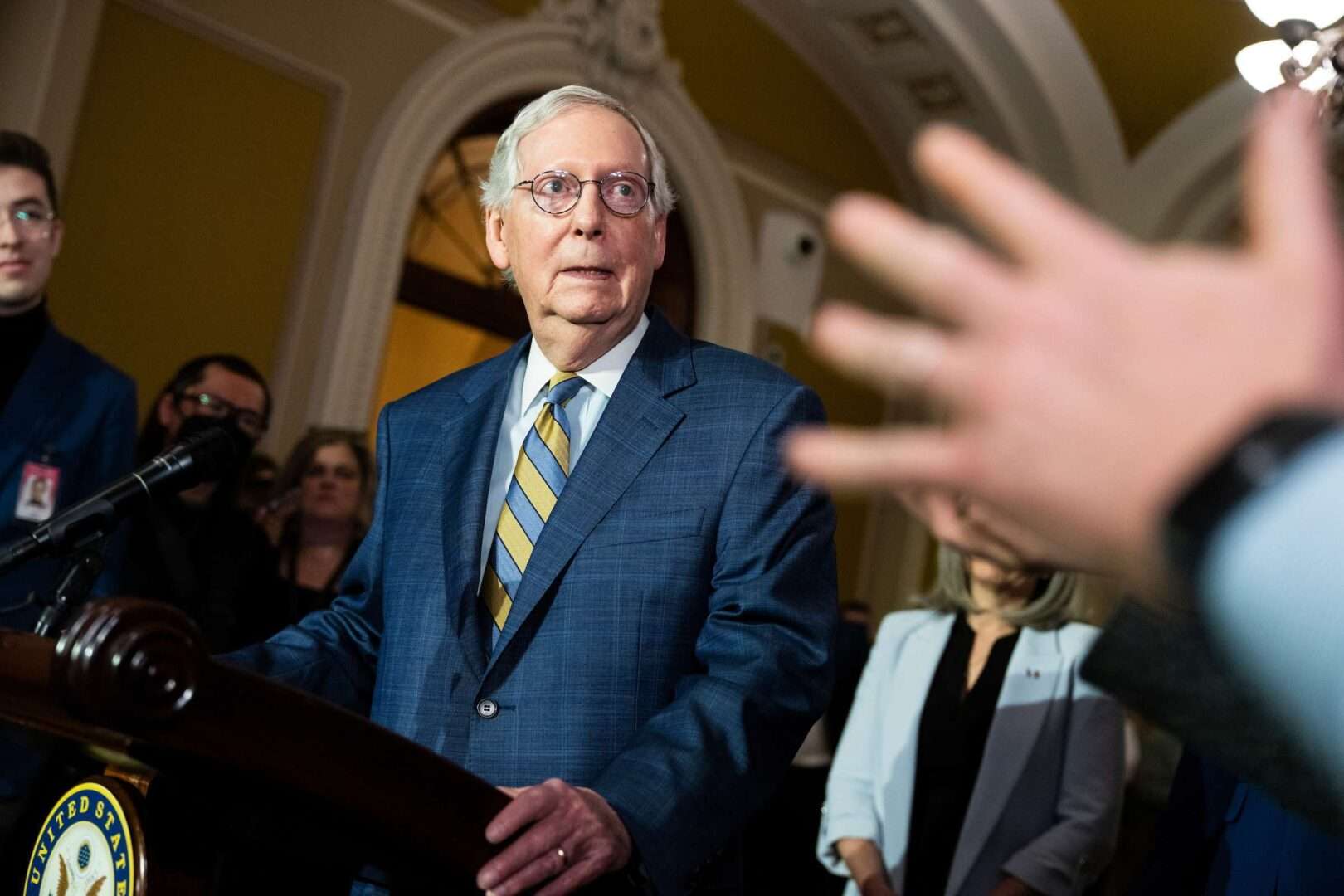 Senate Minority Leader Mitch McConnell, R-Ky., conducts a news conference in the Capitol on March 7, the day before he tripped and fell at a dinner event.