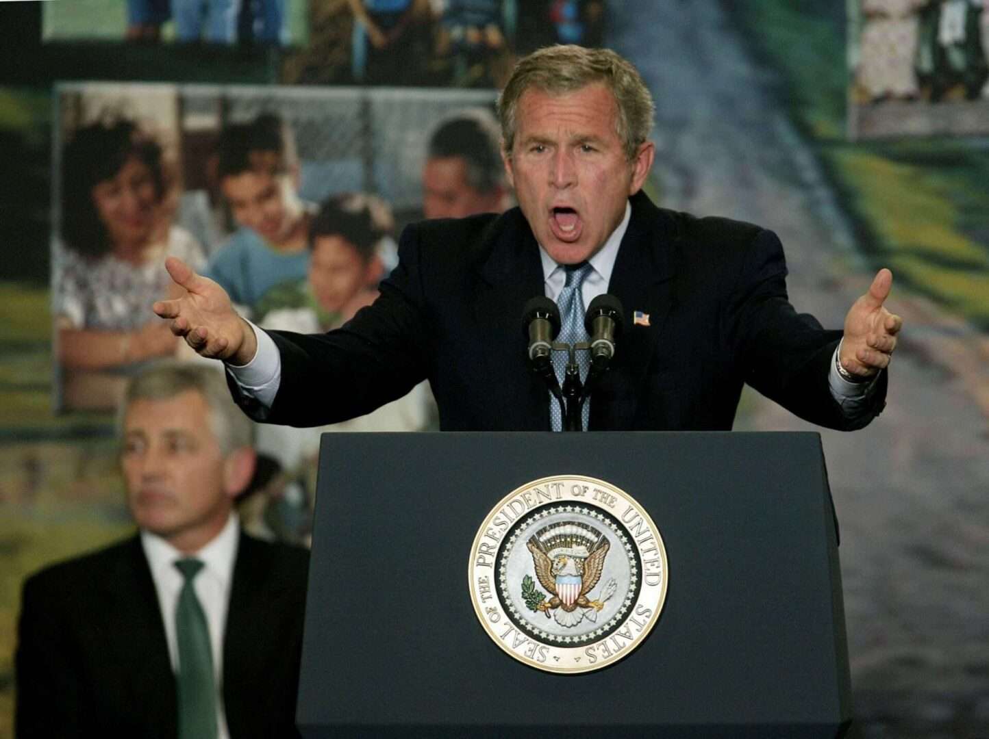 President George W. Bush speaks at Airlite Plastics trying to drum up support for his tax cut proposal May 12, 2003 in Omaha, Neb. 