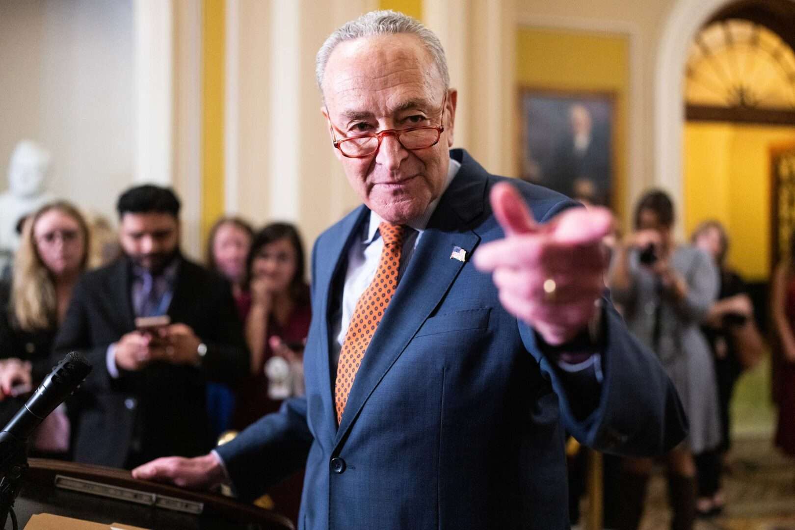 Senate Majority Leader Charles E. Schumer, D-N.Y., conducts a news conference with Democratic committee chairs on the legislative package to combat the Chinese government and bolster U.S. competitiveness in the Capitol on Wednesday. 