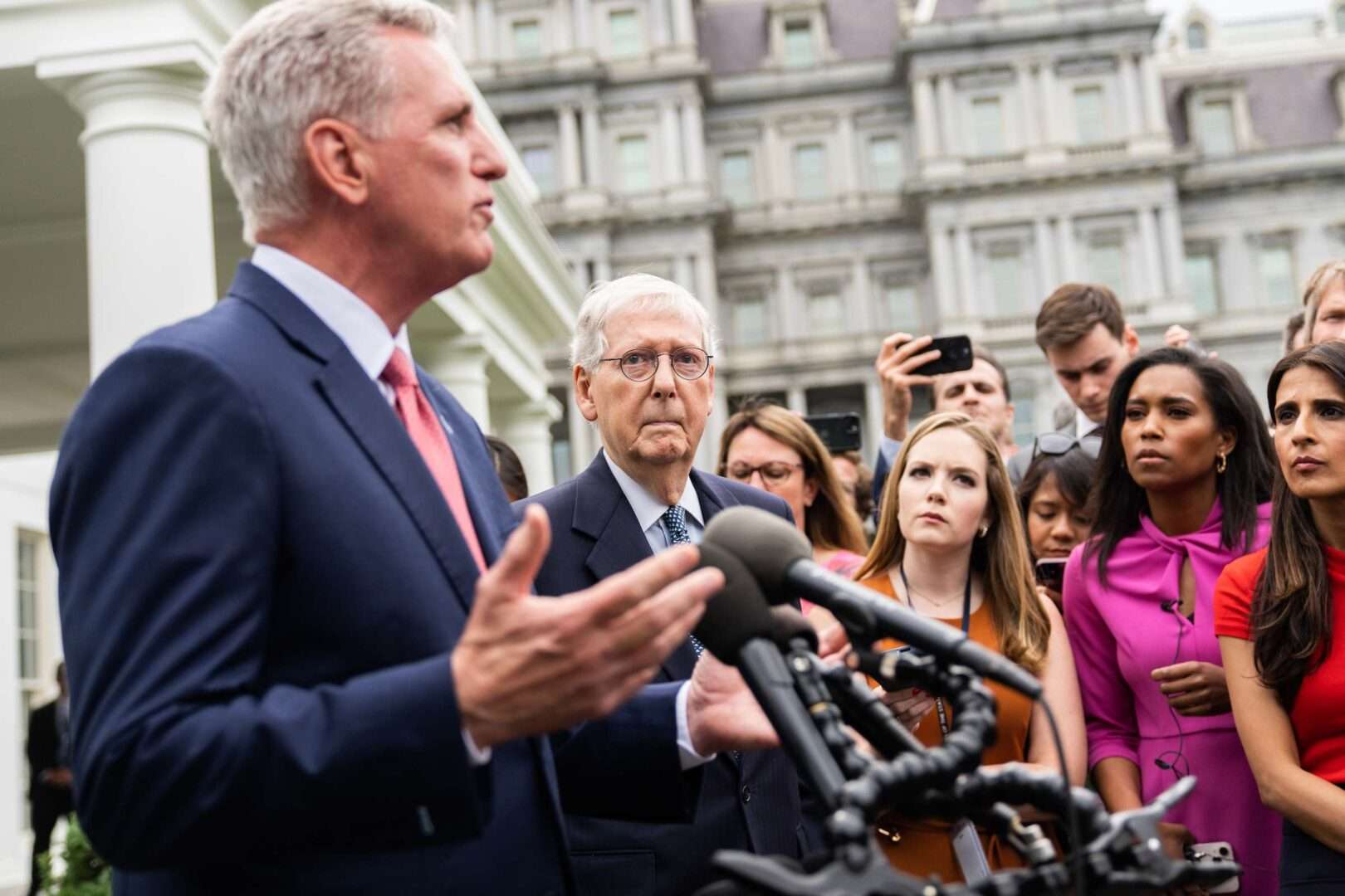Speaker Kevin McCarthy and Senate Minority Leader Mitch McConnell address the media after a meeting with President Joe Biden on the debt ceiling at the White House on Tuesday.