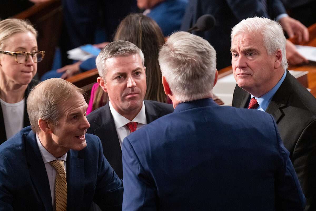 From left: Rep. Jim Jordan, Rep. Kevin McCarthy (back to camera) and House Majority Whip Tom Emmer talk after Jordan did not secure the speakership on Tuesday.
