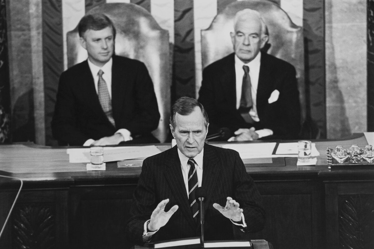 President George Bush, seen here at the Jan. 30, 1992 State of the Union, with Vice President Dan Quayle, left and Speaker Tom Foley, faced off with appropriators on aid to Israel, resulting in a “laddered” approach to some federal spending. 