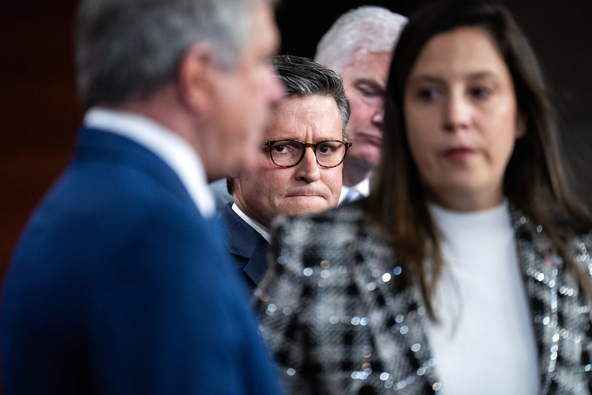 (From left) Rep. Michael McCaul of Texas, Speaker Mike Johnson of Louisiana, Majority Whip Tom Emmer of Minnesota and Conference Chair Elise Stefanik of New York at a Republican news conference on Nov. 14. (Tom Williams/CQ Roll Call)