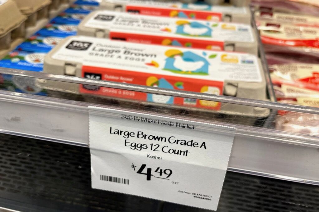 Cartons of eggs are at a Whole Foods supermarket in McLean, Va., on Nov. 22, 2023. 