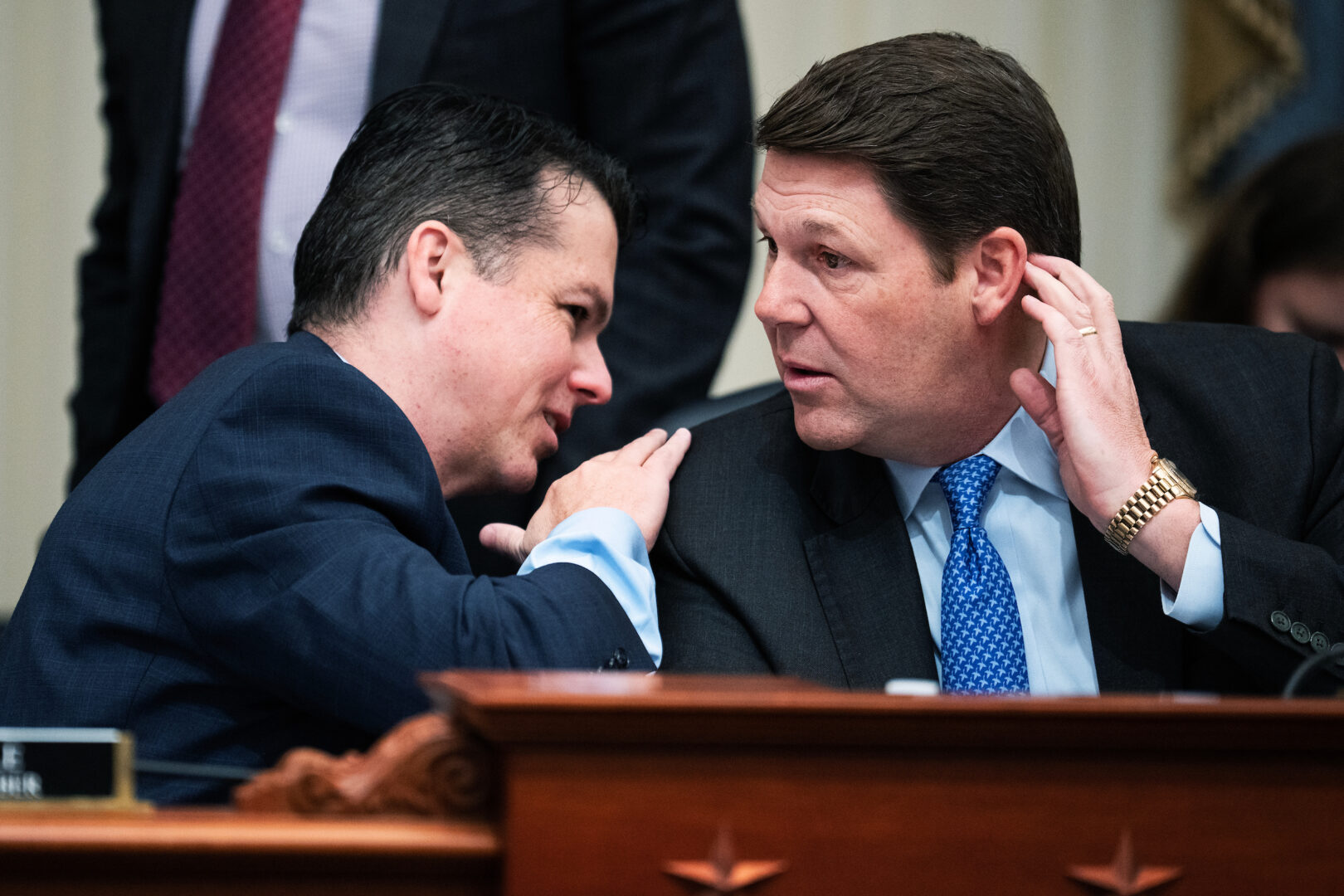 House Budget Chairman Jodey C. Arrington, R-Texas, right, and ranking member Rep. Brendan F. Boyle, D-Pa., talk during Thursday's markup.