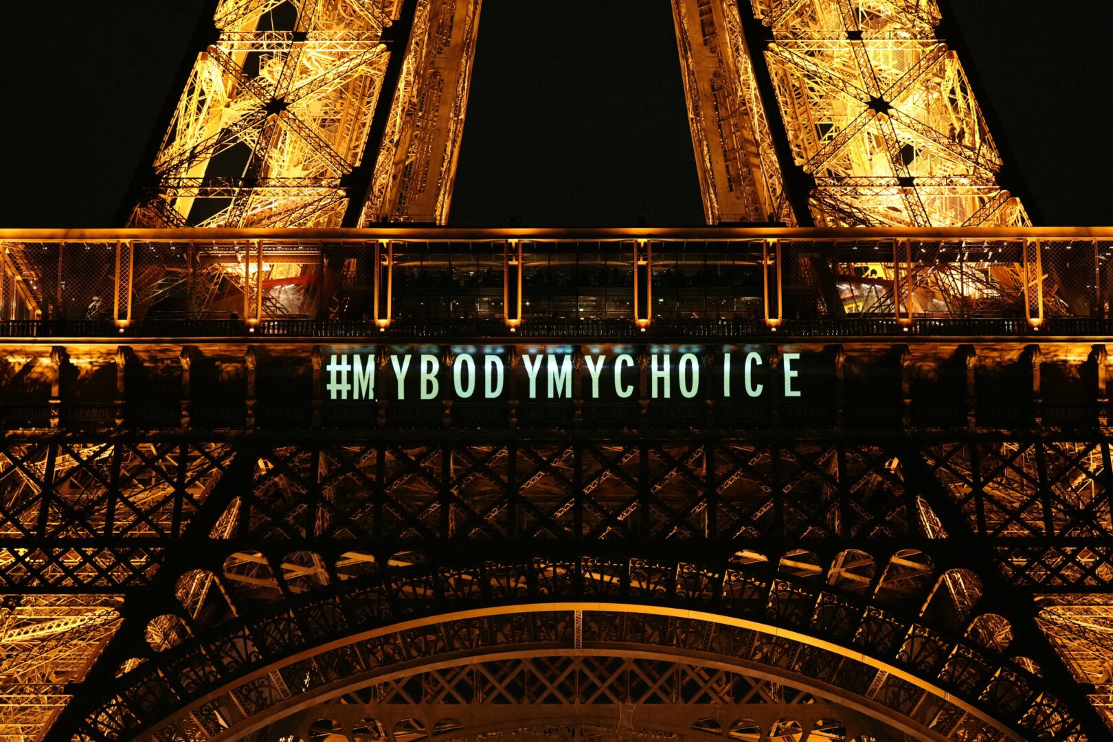 A message reading “My body my choice” is projected onto the Eiffel Tower, after the French parliament voted to anchor the right to abortion in the country’s constitution, in Paris on Monday. 