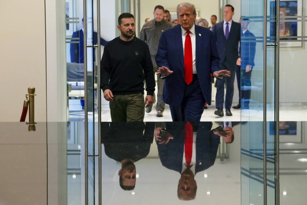 Americans concerned about the economy, reproductive rights and immigration usually don’t place Ukraine’s predicament high on their list, but it still looms large in this election, Curtis writes. Above, Ukrainian President Volodymyr Zelenskyy and Republican presidential nominee Donald Trump meet in New York City on Sept. 27. 