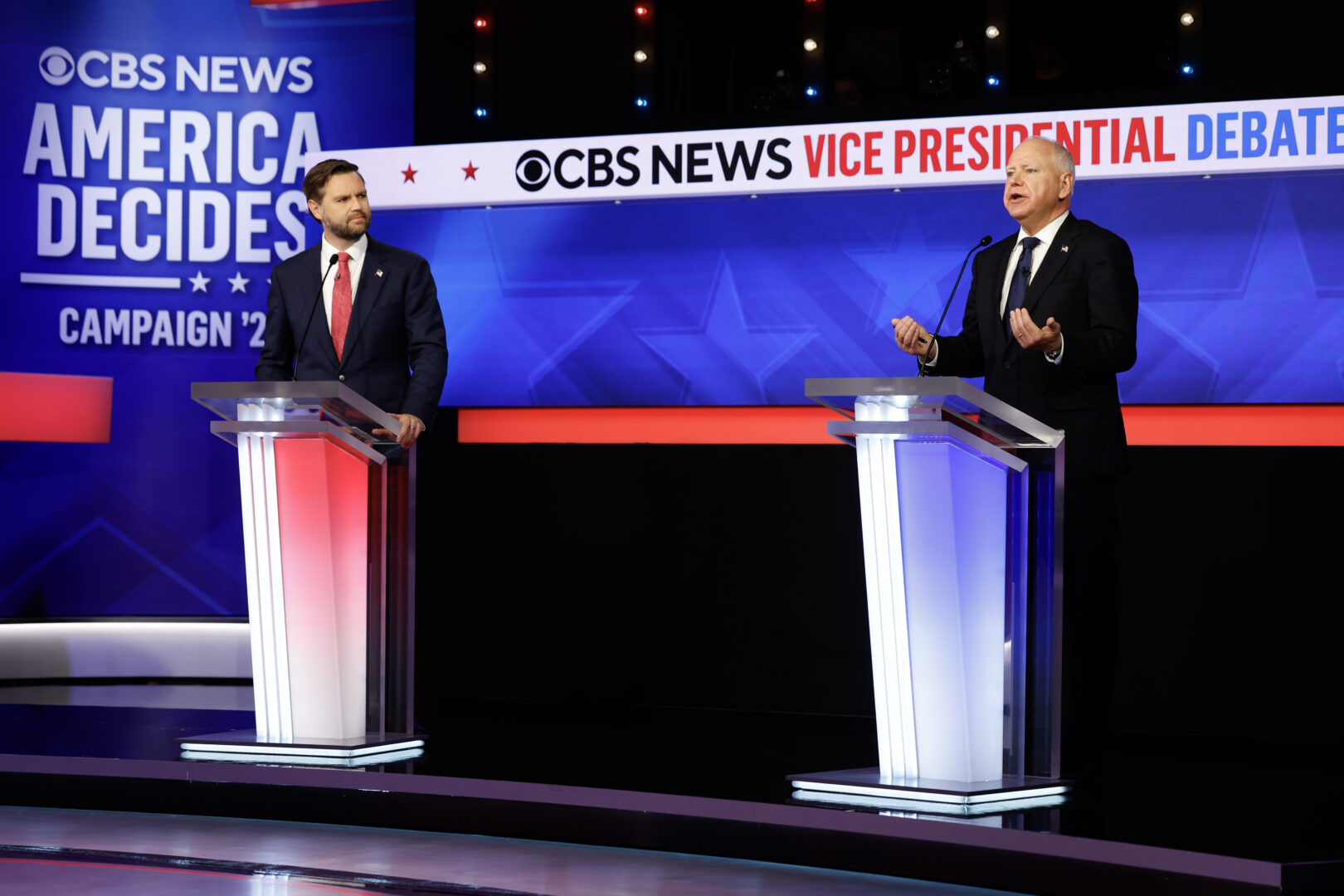 Republican vice presidential candidate Sen. JD Vance of Ohio and the Democratic vice presidential candidate, Minnesota Gov. Tim Walz, participate in a debate at the CBS Broadcast Center on Oct. 1, 2024, in New York City. 