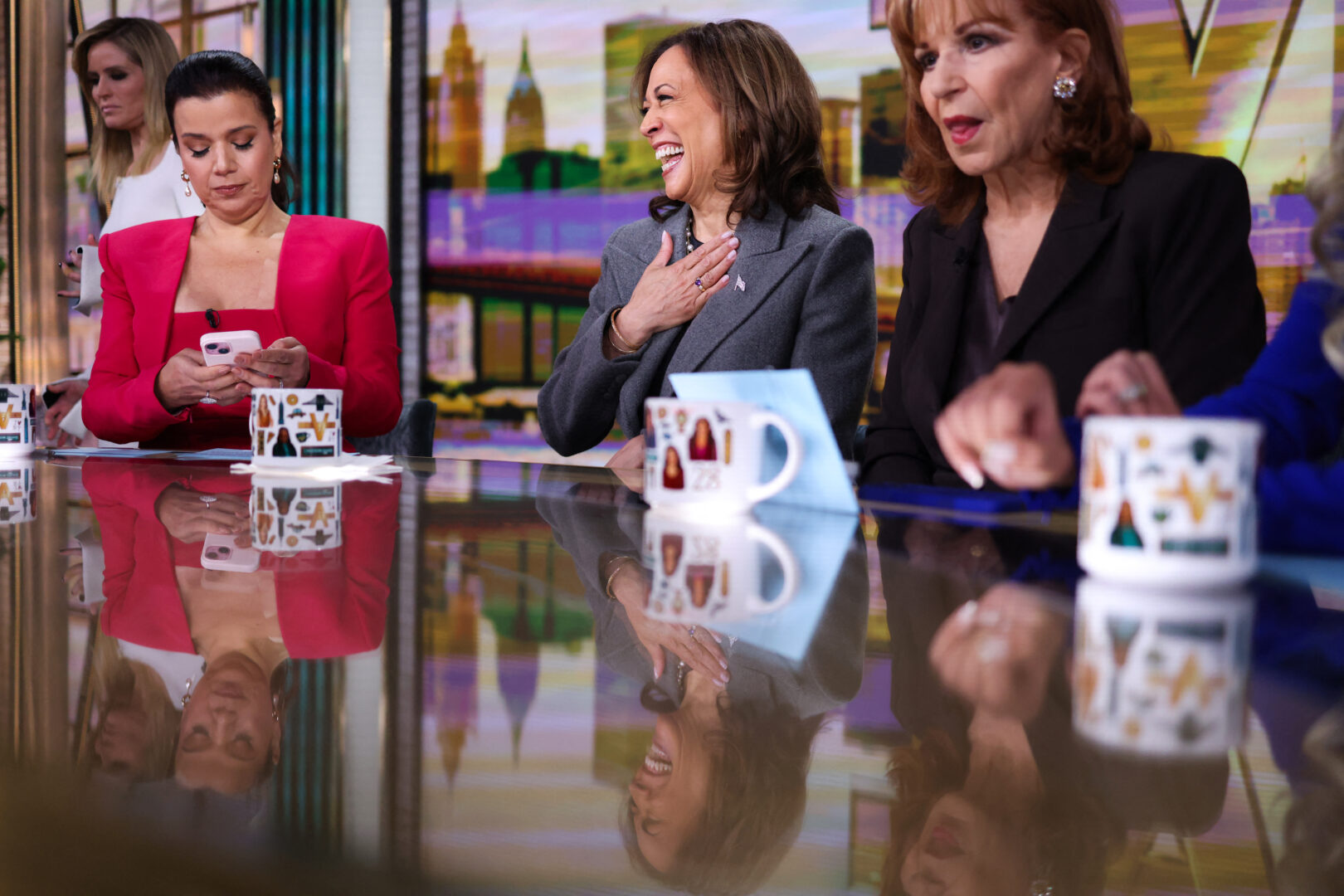 Vice President and Democratic presidential nominee Kamala Harris is pictured during a commercial break while recording ABC’s “The View” in New York on Tuesday.