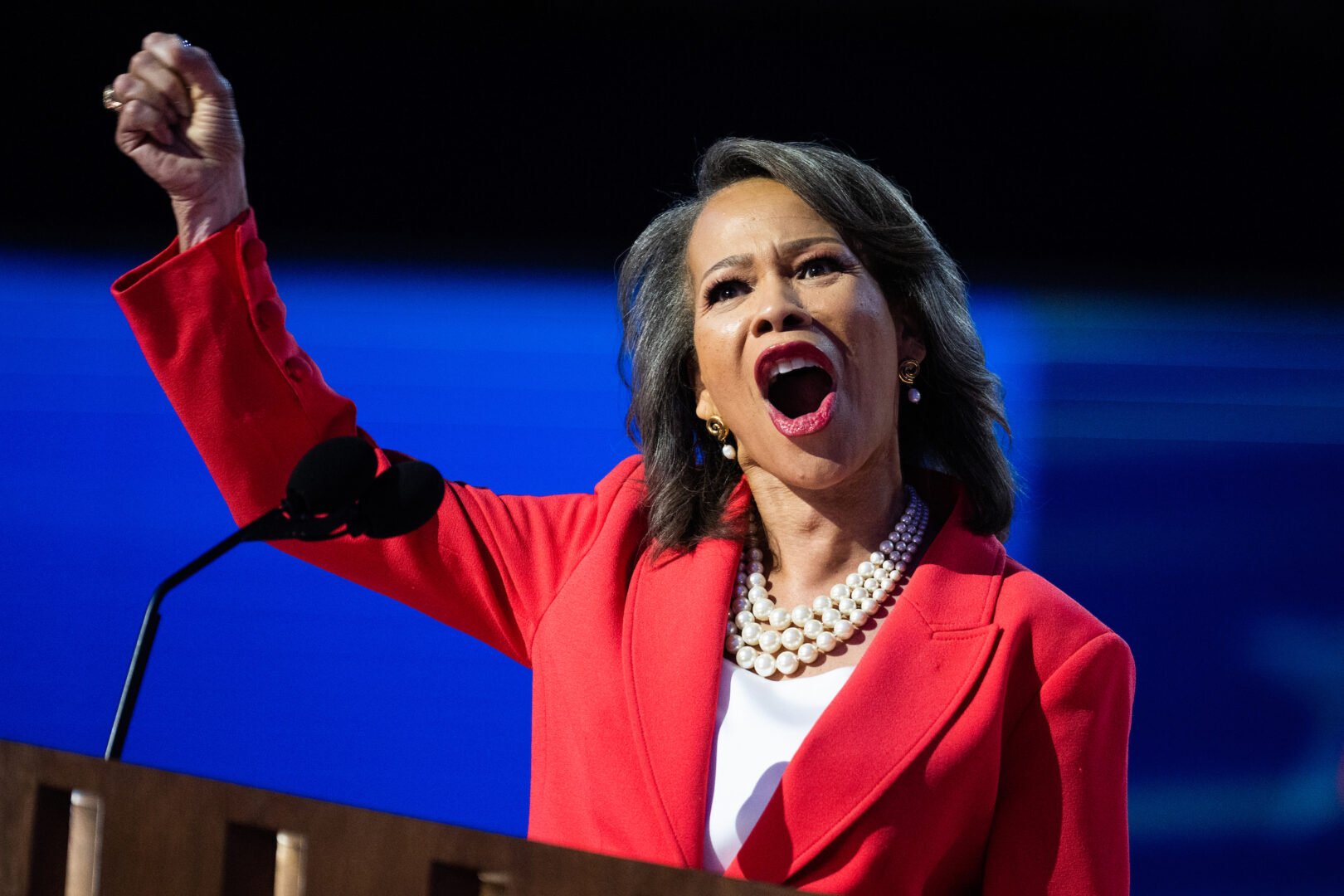 Delaware Sen.-elect. Lisa Blunt Rochester is shown speaking on the third night of the Democratic National Convention at the United Center in Chicago, Ill., on Aug. 21. 