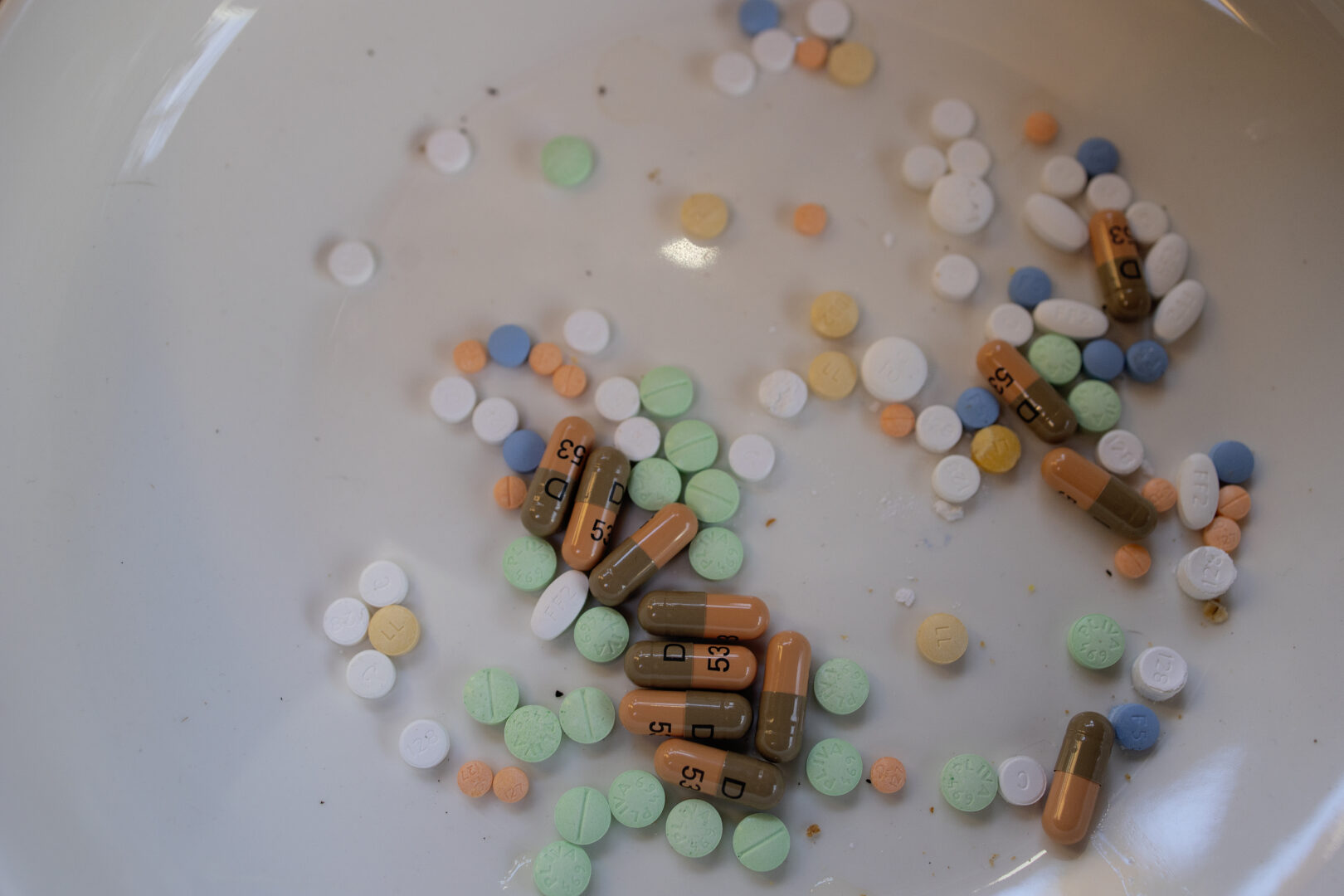 Pharmacy prescription drugs, for daily use to combat various medical problems, sit in a home in Sullivan County, N.Y. 