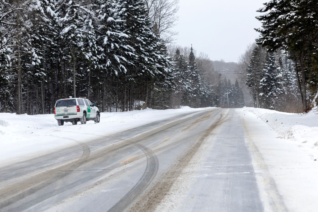 The U.S. Border Patrol stakes out a rural area near the Canadian border at Canaan, Vt., in January.