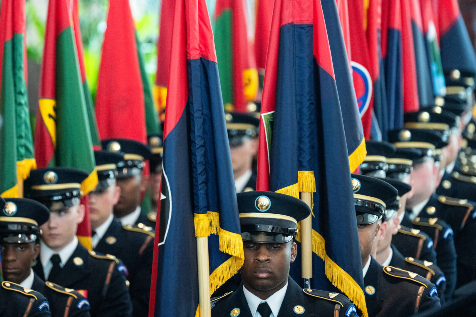 A military honor guard carries the flags of the liberating U.S. Army divisions into the Capitol during the a Holocaust memorial ceremony on May 7. (Bill Clark/CQ Roll Call file photo)