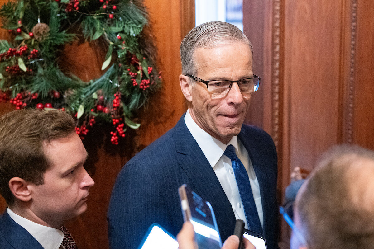 Incoming Senate Majority Leader John Thune, center, has scheduled 31 five-day work weeks in 2025, which was music to the ears of Rep. William R. Timmons IV. 