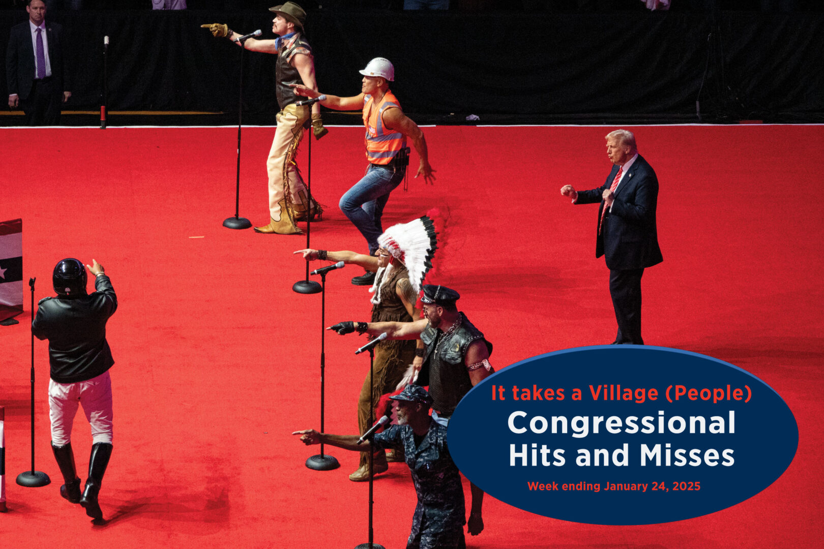 Donald Trump dances as the Village People perform the song “YMCA” at a rally at the Capital One Arena on Jan. 19 in Washington.