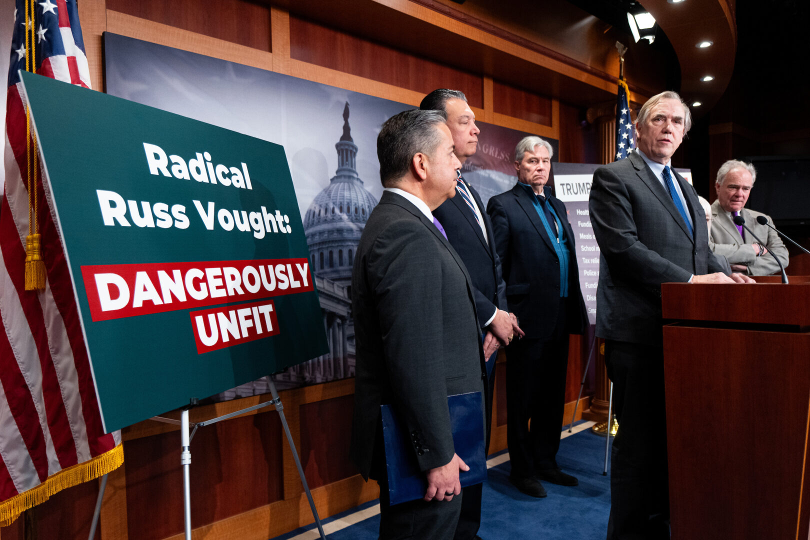 Senate Budget Committee Democrats hold a media availability in protest of the committee advancing Russ Vought’s nomination to be director of the Office of Management and Budget on Thursday. From left are Sen. Ben Ray Luján, D-N.M., Sen. Alex Padilla, D-Calif., Sen. Sheldon Whitehouse, D-R.I., Sen. Jeff Merkley, D-Ore., Sen. Patty Murray, D-Wash., and Sen. Tim Kaine, D-Va. 