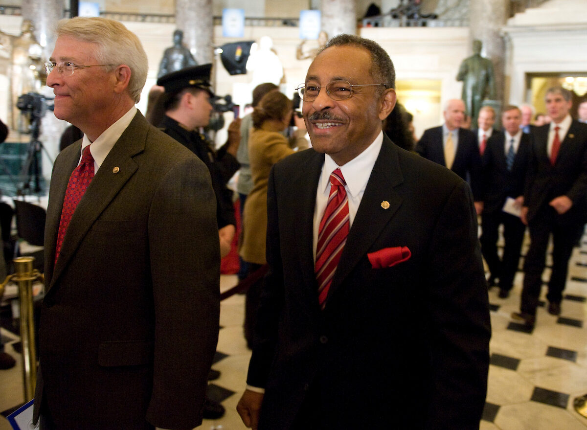 Two appointed senators, Roger Wicker, R-Miss., left, and Roland Burris, D-Ill., walk through Statuary Hall before President Barack Obama's address to a joint session of Congress on Feb. 24, 2009. Burris did not seek election following his appointment. Wicker won election and has continued to climb the ranks in the chamber. 