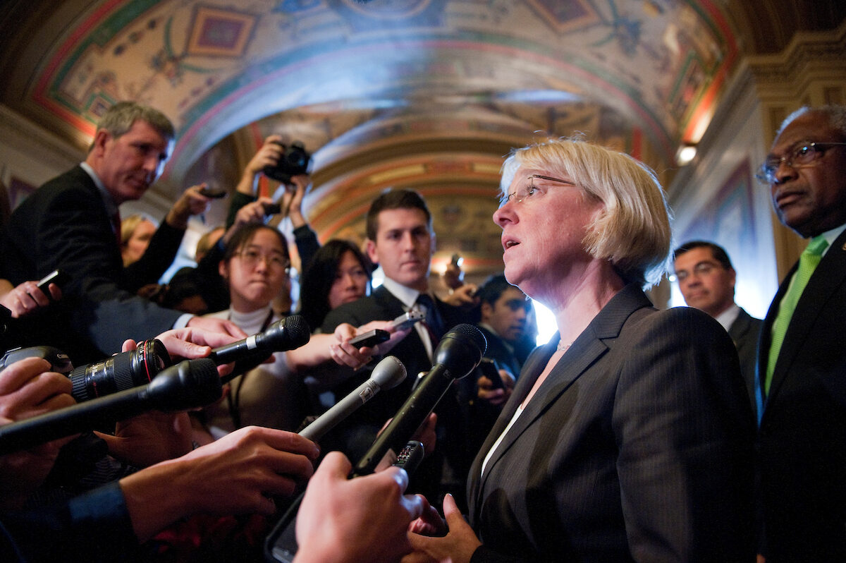 From left, Sen. Patty Murray and Reps. Xavier Becerra and James E. Clyburn address the media outside the Senate Foreign Relations room in the Capitol, where members of the Joint Select Committee on Deficit Reduction, also know as the “super committee,” were holding a meeting in November 2011.