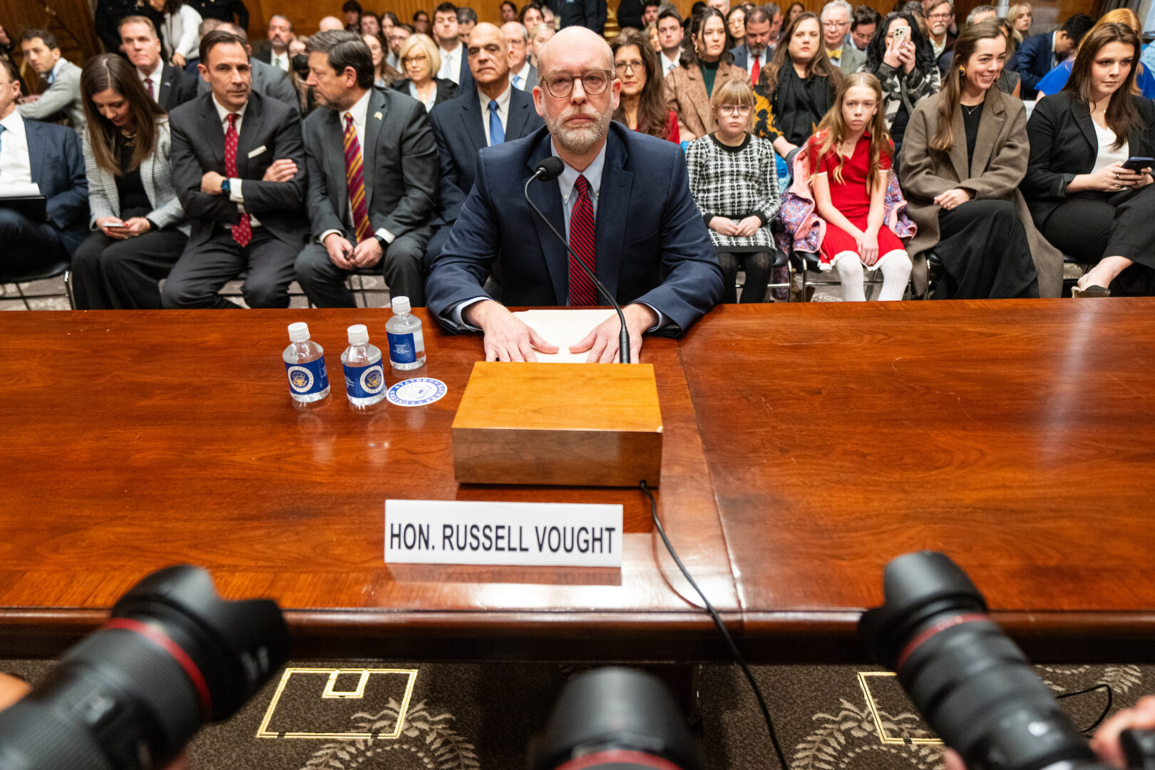 Russ Vought, picked to lead the Office of Management and Budget, arrives for his confirmation hearing in the Senate Homeland Security and Governmental Affairs Committee on Wednesday. 