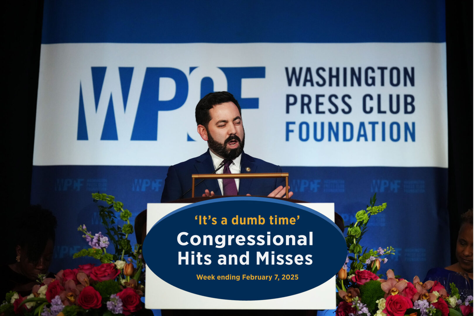 New York Republican Rep. Mike Lawler gives his impression of President Donald Trump at the Washington Press Club Foundation's dinner on Wednesday night. 