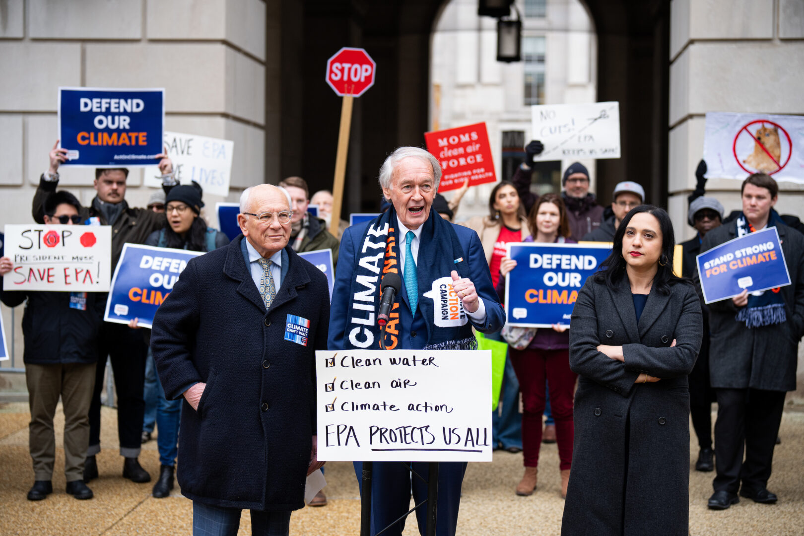 Sen. Ed Markey, D-Mass., with Rep. Paul Tonko, D-N.Y., and Rep. Yassamin Ansari, D-Ariz., speaks at a rally opposing Trump administration cuts outside EPA headquarters in Washington on Thursday. (Bill Clark/CQ Roll Call)