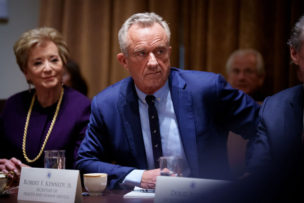 Education Secretary nominee Linda McMahon, left, and Health and Human Services Secretary Robert F. Kennedy Jr. appear during a Cabinet meeting at the White House on Wednesday.   (Andrew Harnik/Getty Images)