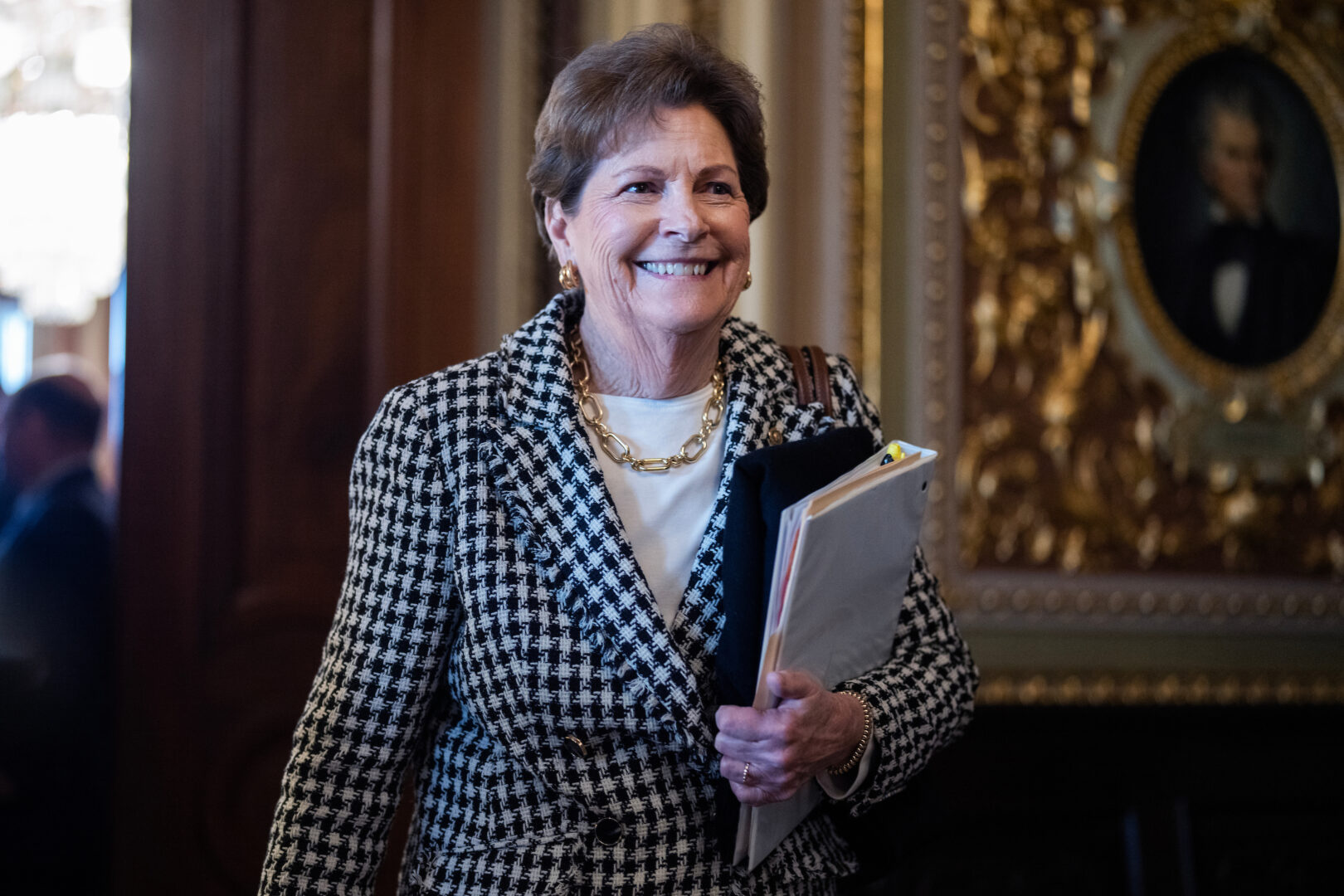 Sen. Jeanne Shaheen, D-N.H., leaves the Democratic Senate luncheon in the Capitol on Tuesday.