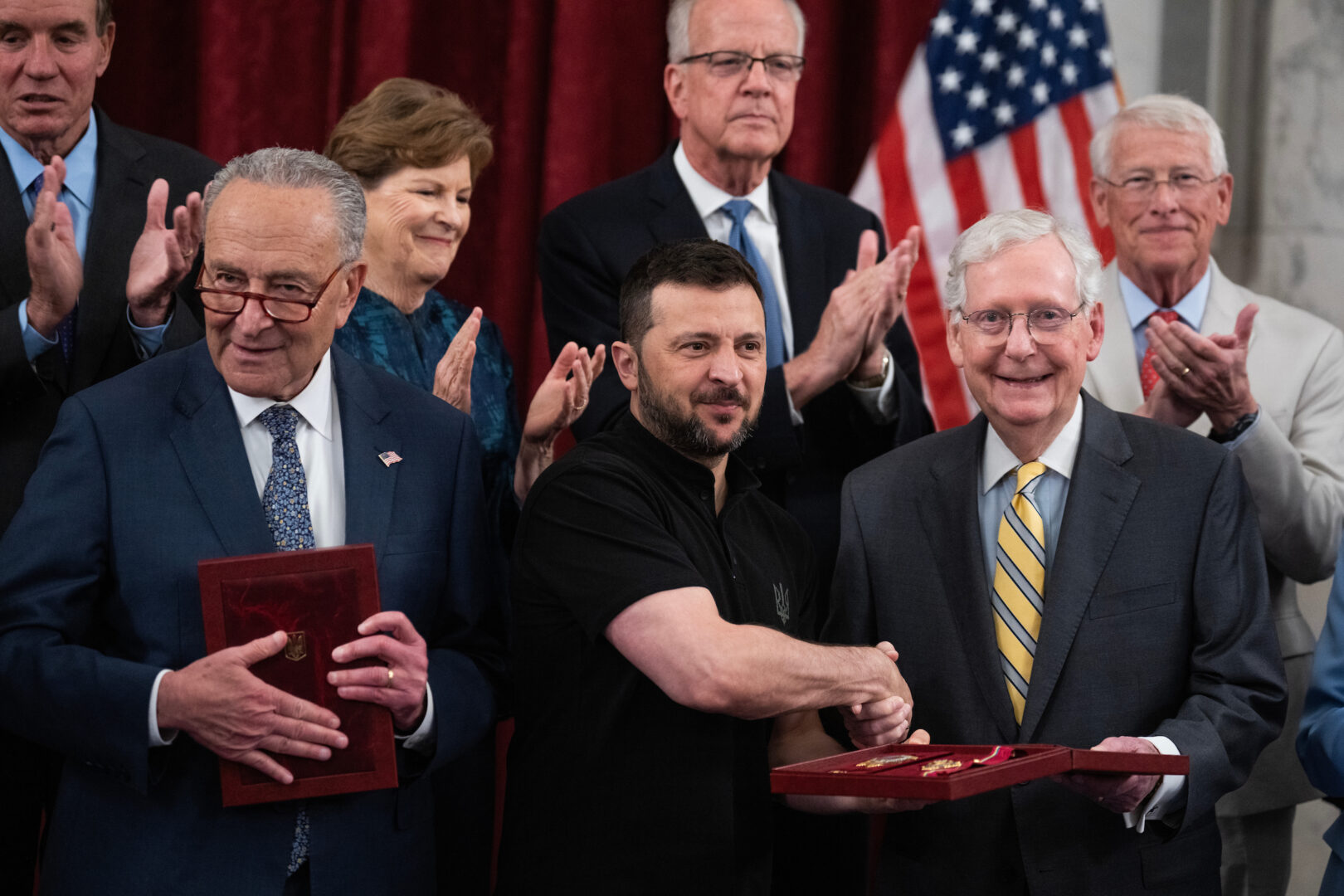 Ukrainian President Volodymyr Zelenskyy meets with senators during a July 2024 visit to Washington.