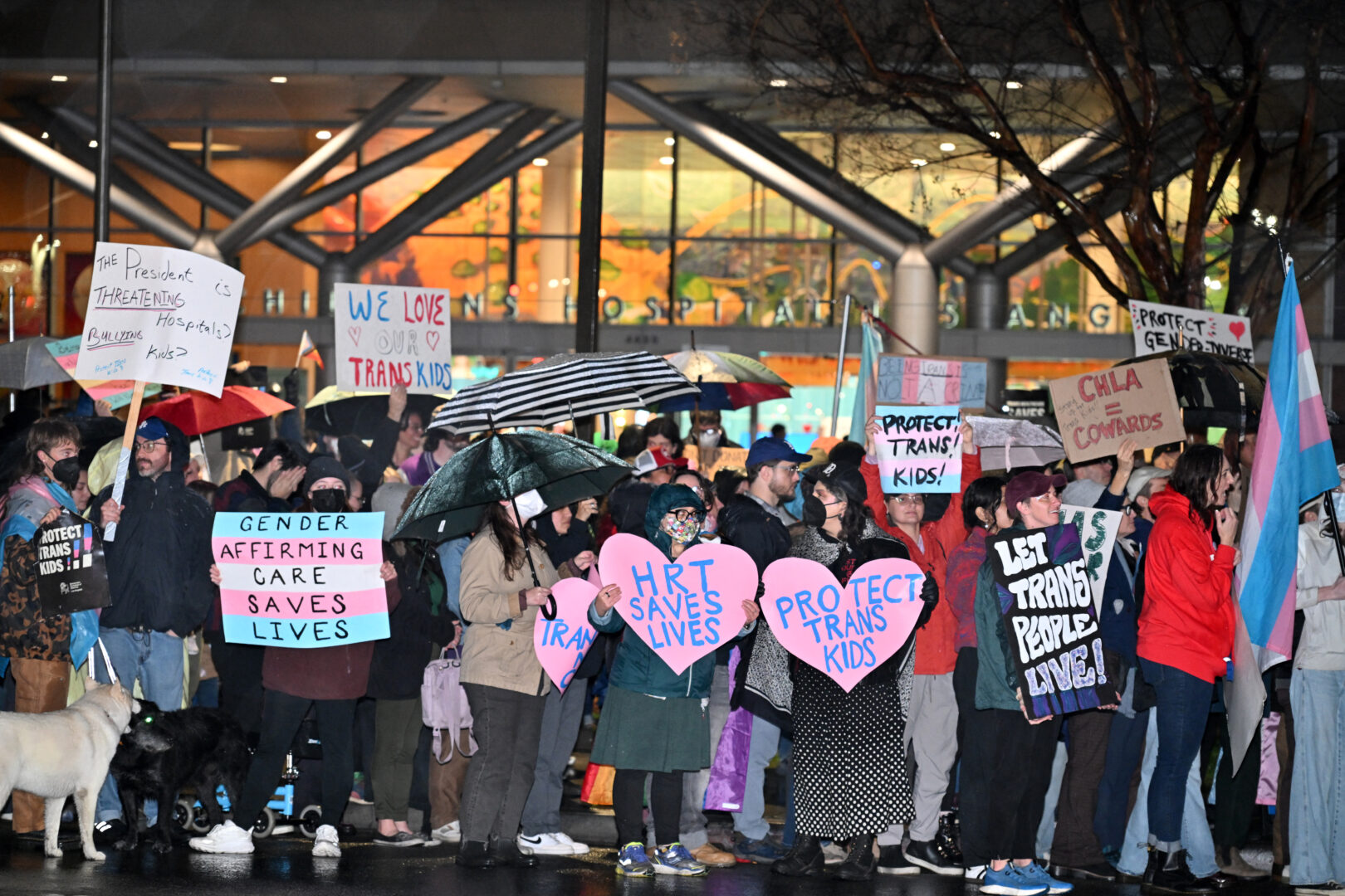 Supporters of transgender youth demonstrate outside Children’s Hospital Los Angeles on Feb. 6 in the wake of President Donald Trump’s executive order threatening to pull federal funding from health care providers that offer gender-affirming care to children.