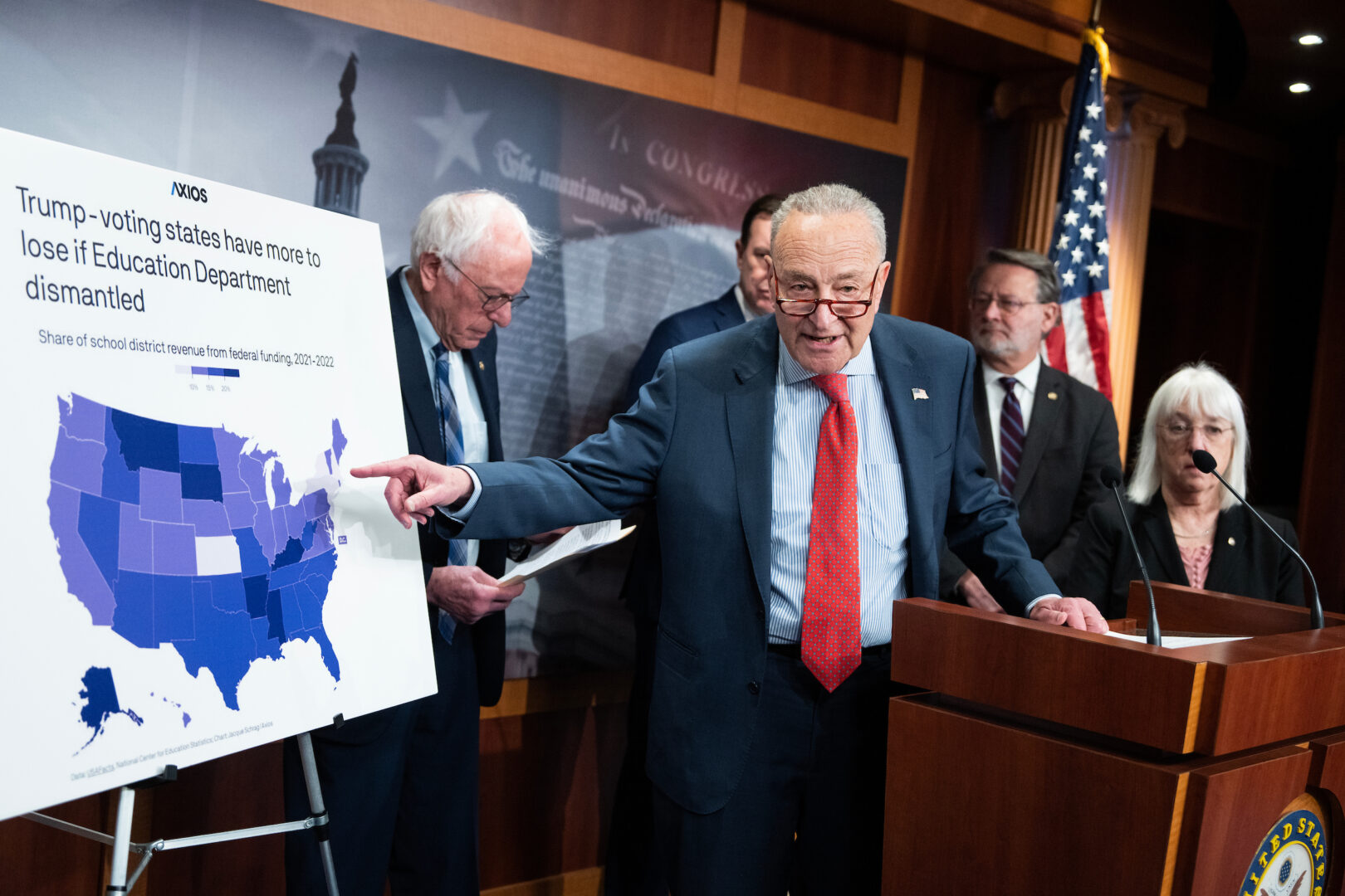 Senate Minority Leader Charles E. Schumer, D-N.Y., conducts a news conference in the Capitol on March 6, 2025. Senate Democrats must decide if they want to vote against a spending extension and trigger a partial government shutdown. (Tom Williams/CQ Roll Call)