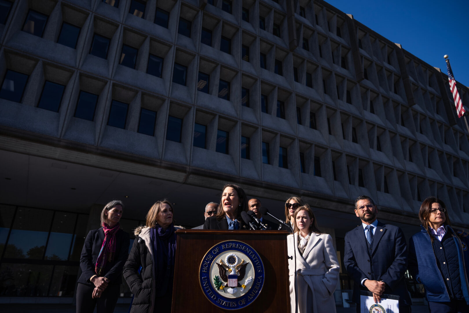 Rep. Diana DeGette, D-Colo., ranking member of the Energy and Commerce Health Subcommittee, speaks on Wedneday outside the Department of the Health and Human Services after requesting a meeting with HHS Secretary Robert F. Kennedy Jr. Also appearing are, from left, Reps. Maxine Dexter, D-Ore., Kathy Castor, D-Fla., Troy Carter, D-La., Marc Veasey, D-Texas, Lori Trahan, D-Mass., Lizzie Fletcher, D-Texas, Raul Ruiz, D-Calif., and Nanette Barragán, D-Calif. Rep. Robin Kelly, D-Ill., also attended. 