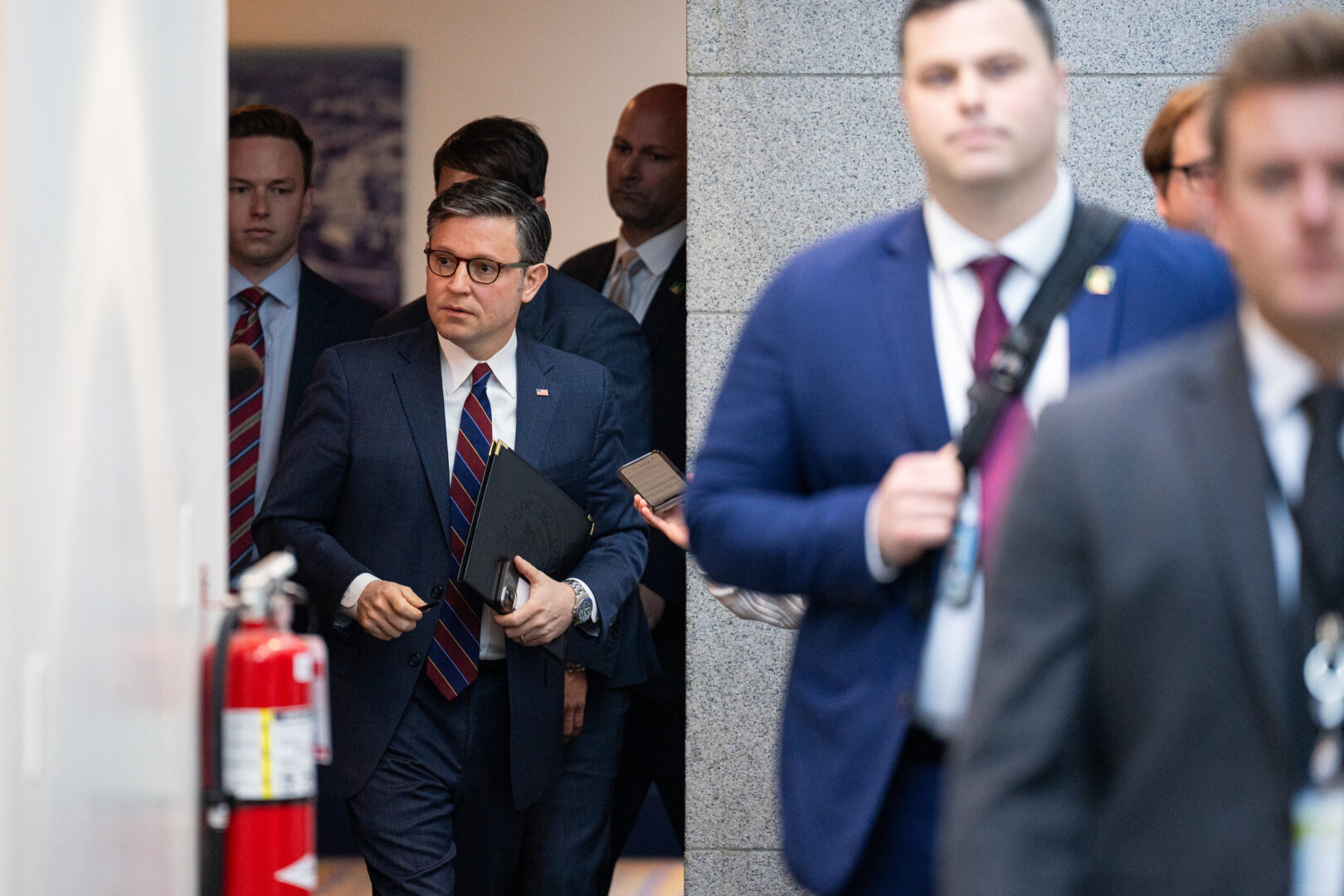 Speaker Mike Johnson, arrives for a House Republican Conference meeting in the Capitol on April 1. 