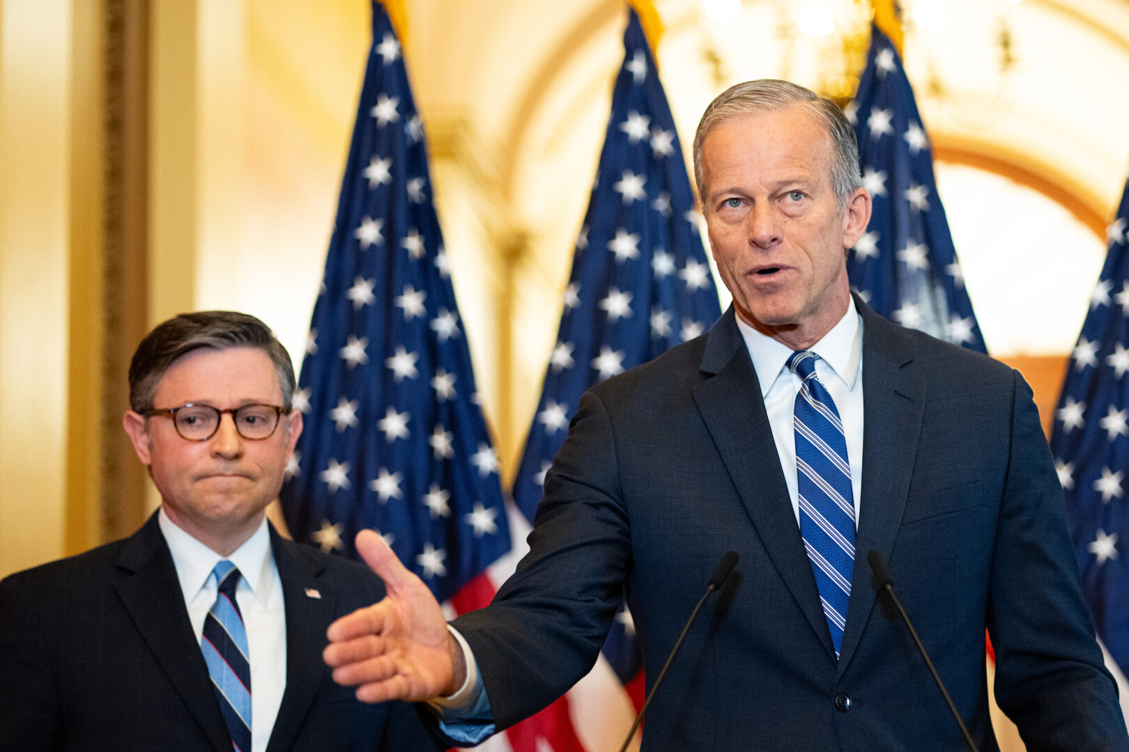 Senate Majority Leader John Thune, R-S.D., right, 
and Speaker Mike Johnson, R-La., hold a news conference on the revised budget resolution on Thursday. (Bill Clark/CQ Roll Call)