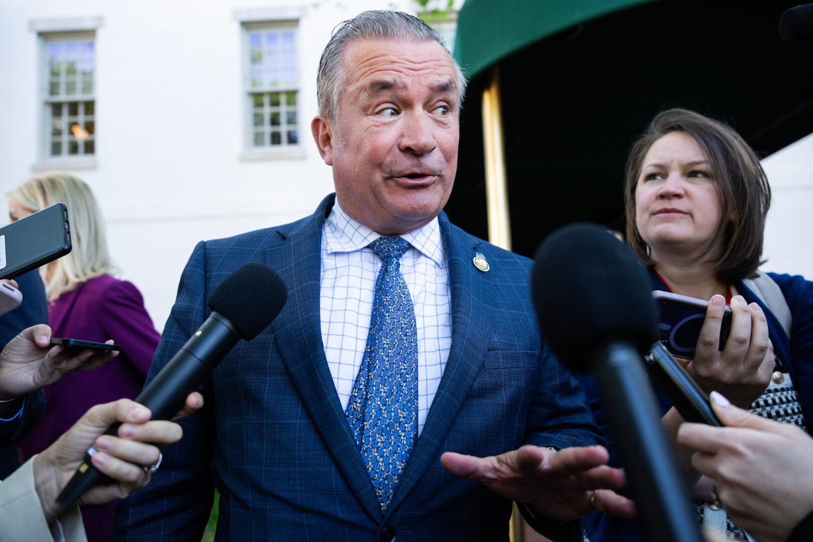 Rep. Don Bacon, R-Neb., talks with reporters outside the Capitol Hill Club after a meeting of the House Republican Conference on Tuesday, April 29, 2025.