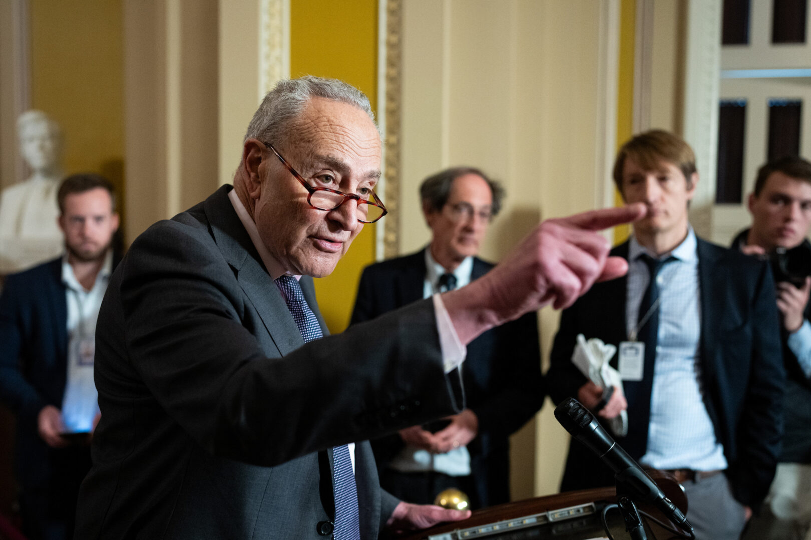 Senate Minority Leader Charles E. Schumer speaks during the Senate Democrats’ news conference in the Capitol on Tuesday, May 6, 2025. (Bill Clark/CQ Roll Call)